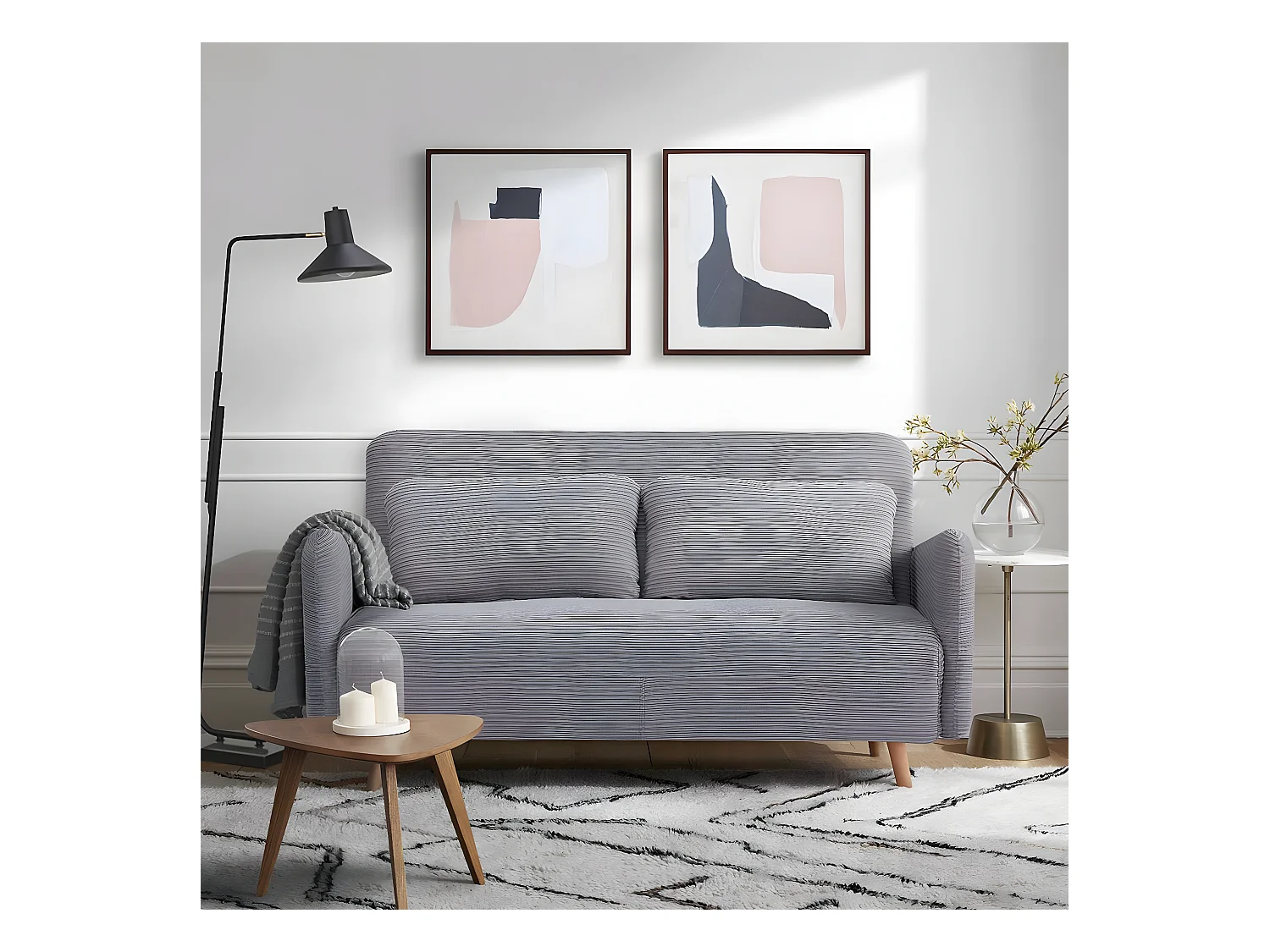 Canapé-lit BZ 2 places pour couchage d’appoint taille 145 x 190 cm en velours côtelé gris et pieds en bois massif - ARI
