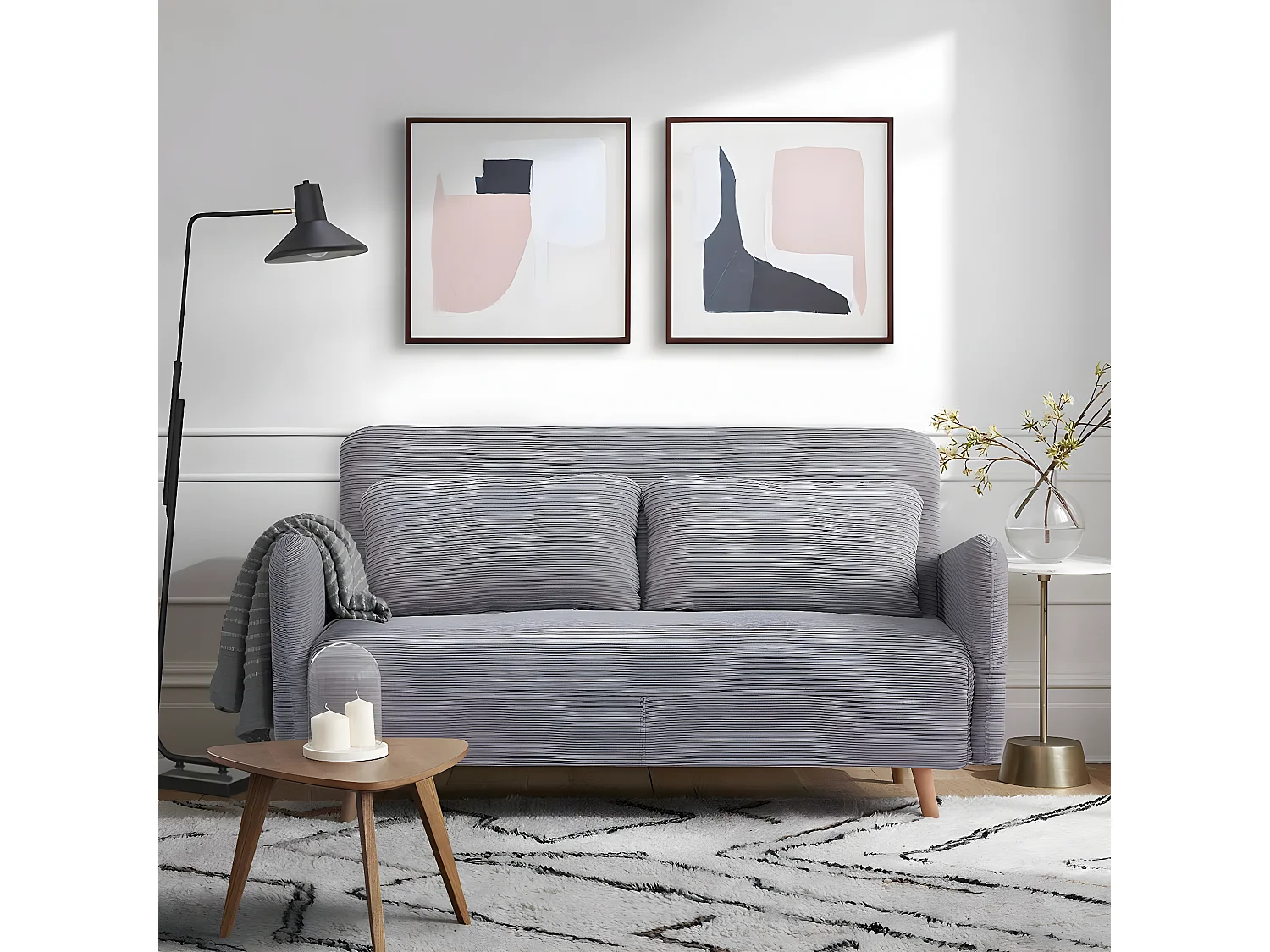 Canapé-lit BZ 2 places pour couchage d’appoint taille 145 x 190 cm en velours côtelé gris et pieds en bois massif - ARI