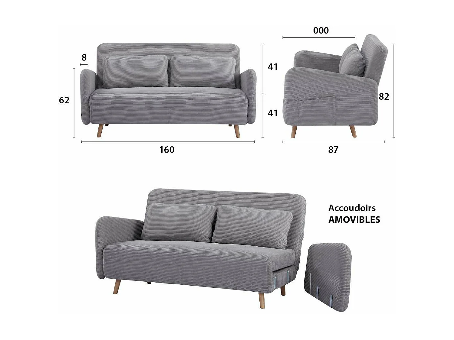 Canapé-lit BZ 2 places pour couchage d’appoint taille 145 x 190 cm en velours côtelé gris et pieds en bois massif - ARI