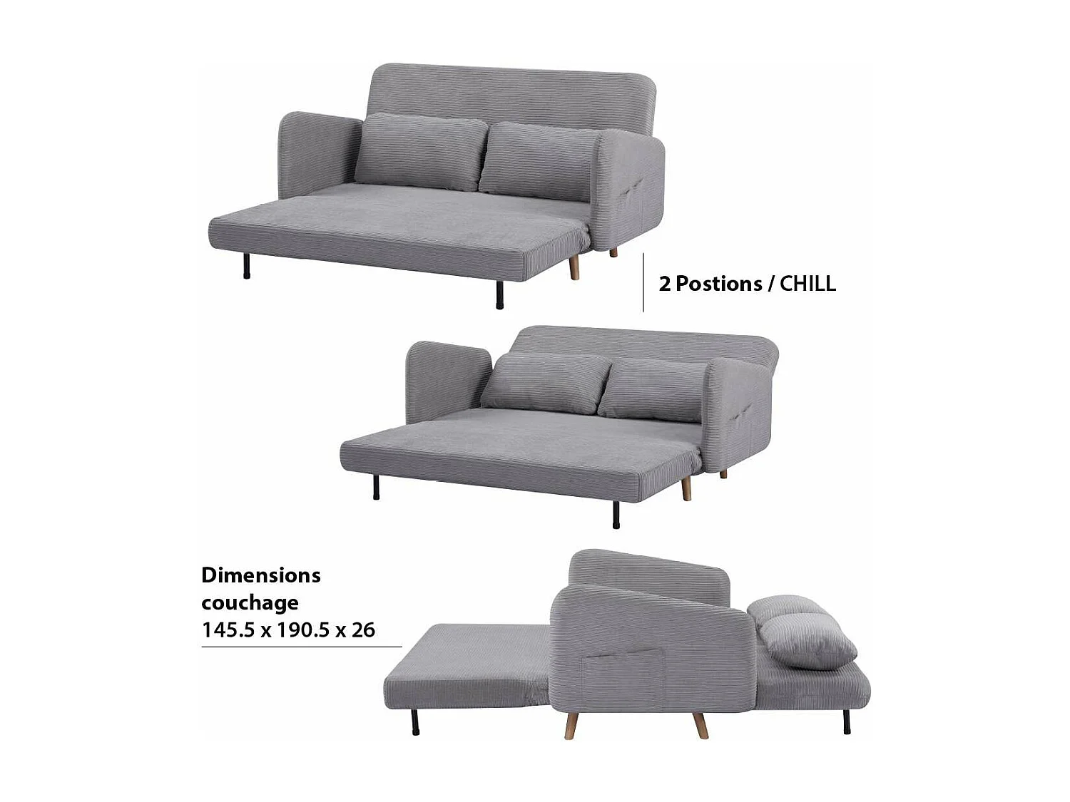 Canapé-lit BZ 2 places pour couchage d’appoint taille 145 x 190 cm en velours côtelé gris et pieds en bois massif - ARI