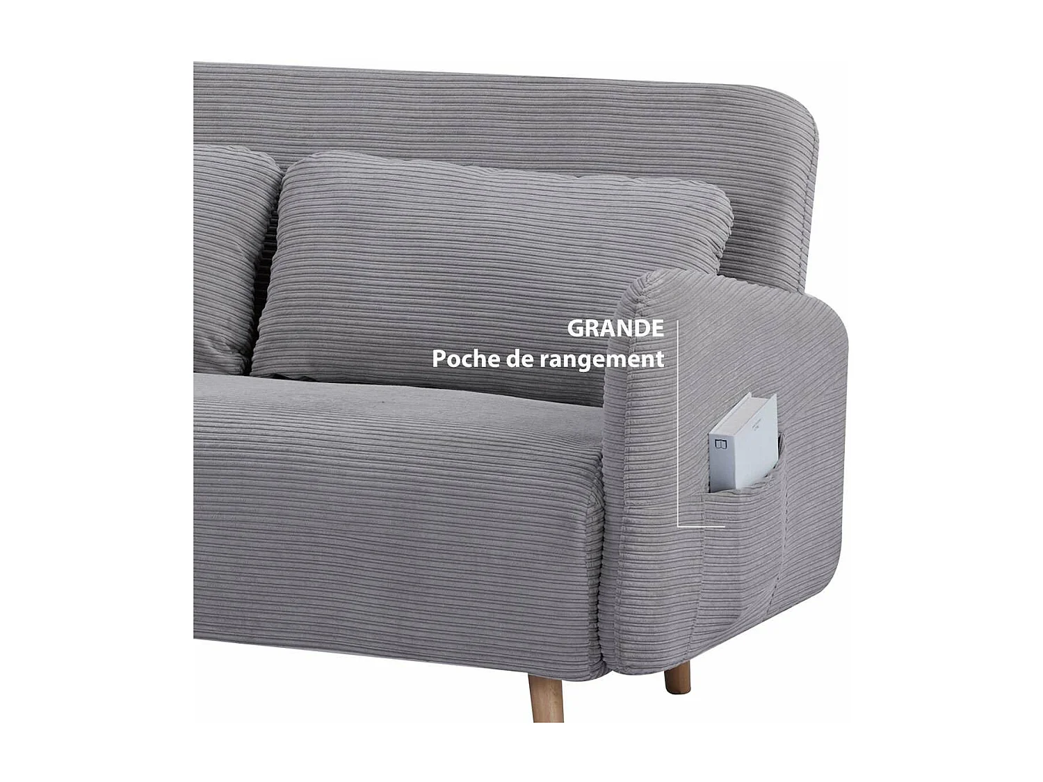 Canapé-lit BZ 2 places pour couchage d’appoint taille 145 x 190 cm en velours côtelé gris et pieds en bois massif - ARI