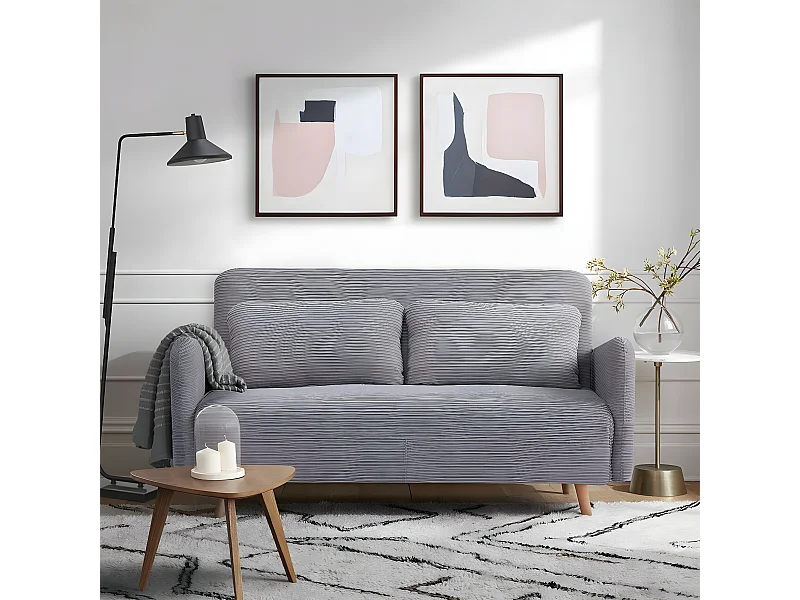 Canapé-lit BZ 2 places pour couchage d’appoint taille 145 x 190 cm en velours côtelé gris et pieds en bois massif - ARI