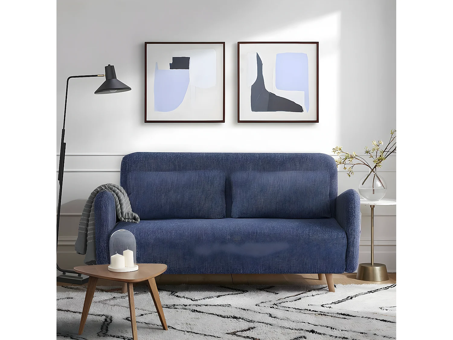 Canapé-lit BZ 2 places pour couchage d’appoint taille 145 x 190 cm en tissu bleu et pieds en bois massif - ARI