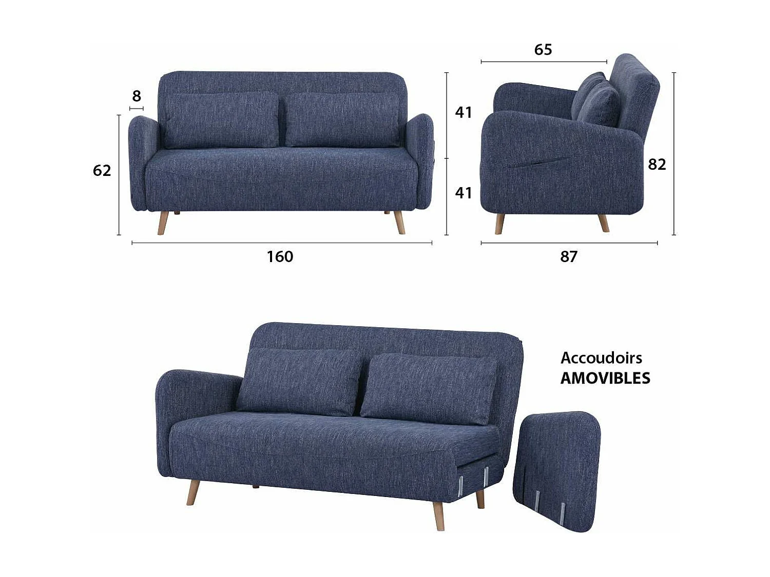 Canapé-lit BZ 2 places pour couchage d’appoint taille 145 x 190 cm en tissu bleu et pieds en bois massif - ARI