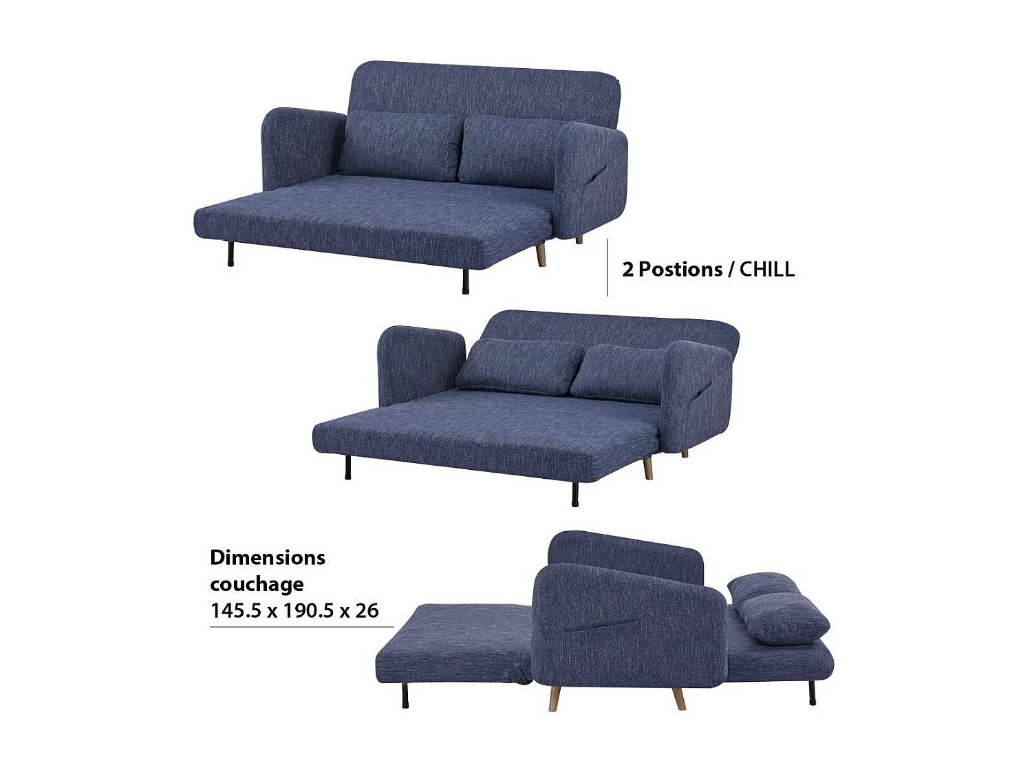 Canapé-lit BZ 2 places pour couchage d’appoint taille 145 x 190 cm en tissu bleu et pieds en bois massif - ARI