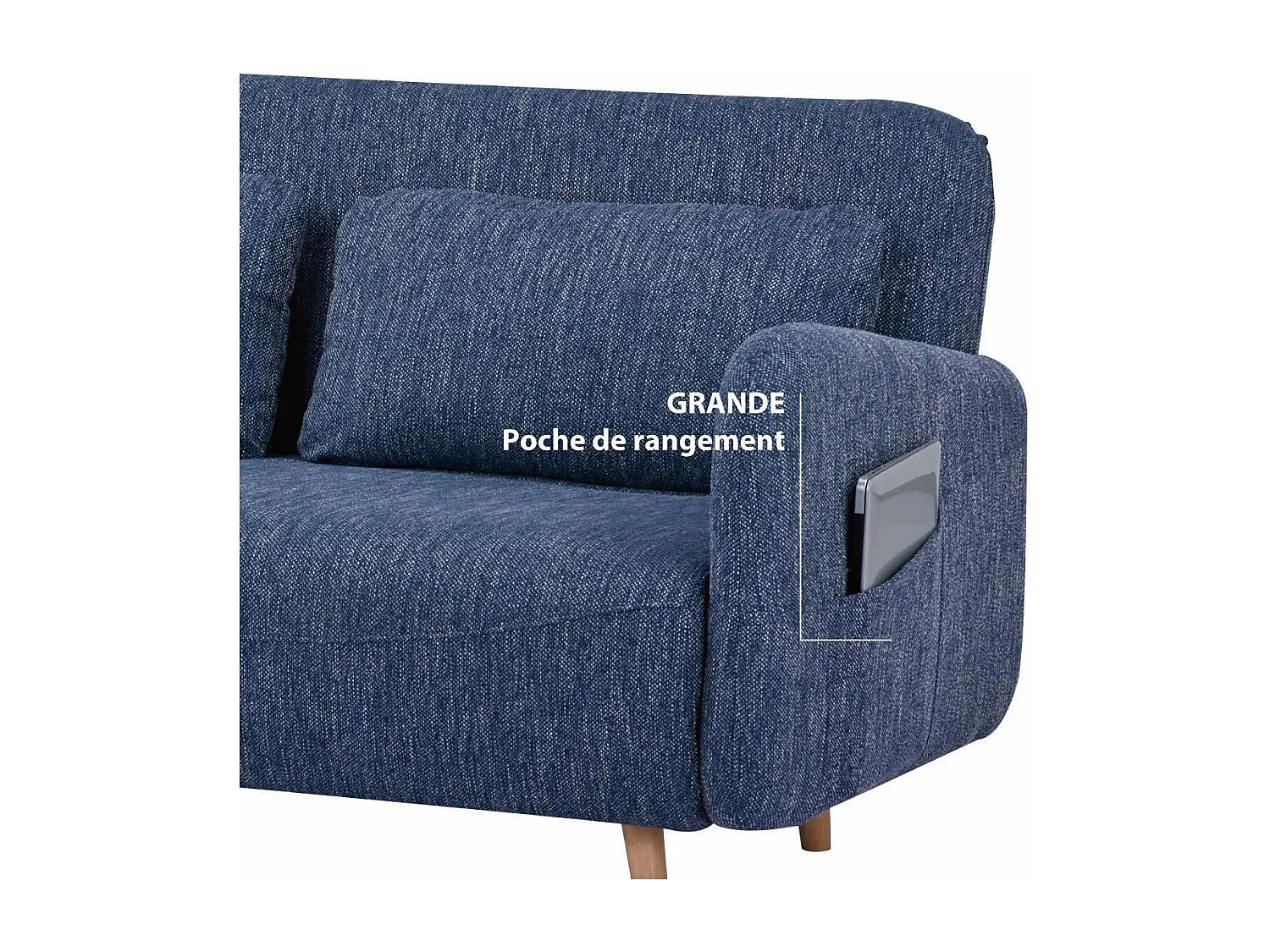 Canapé-lit BZ 2 places pour couchage d’appoint taille 145 x 190 cm en tissu bleu et pieds en bois massif - ARI