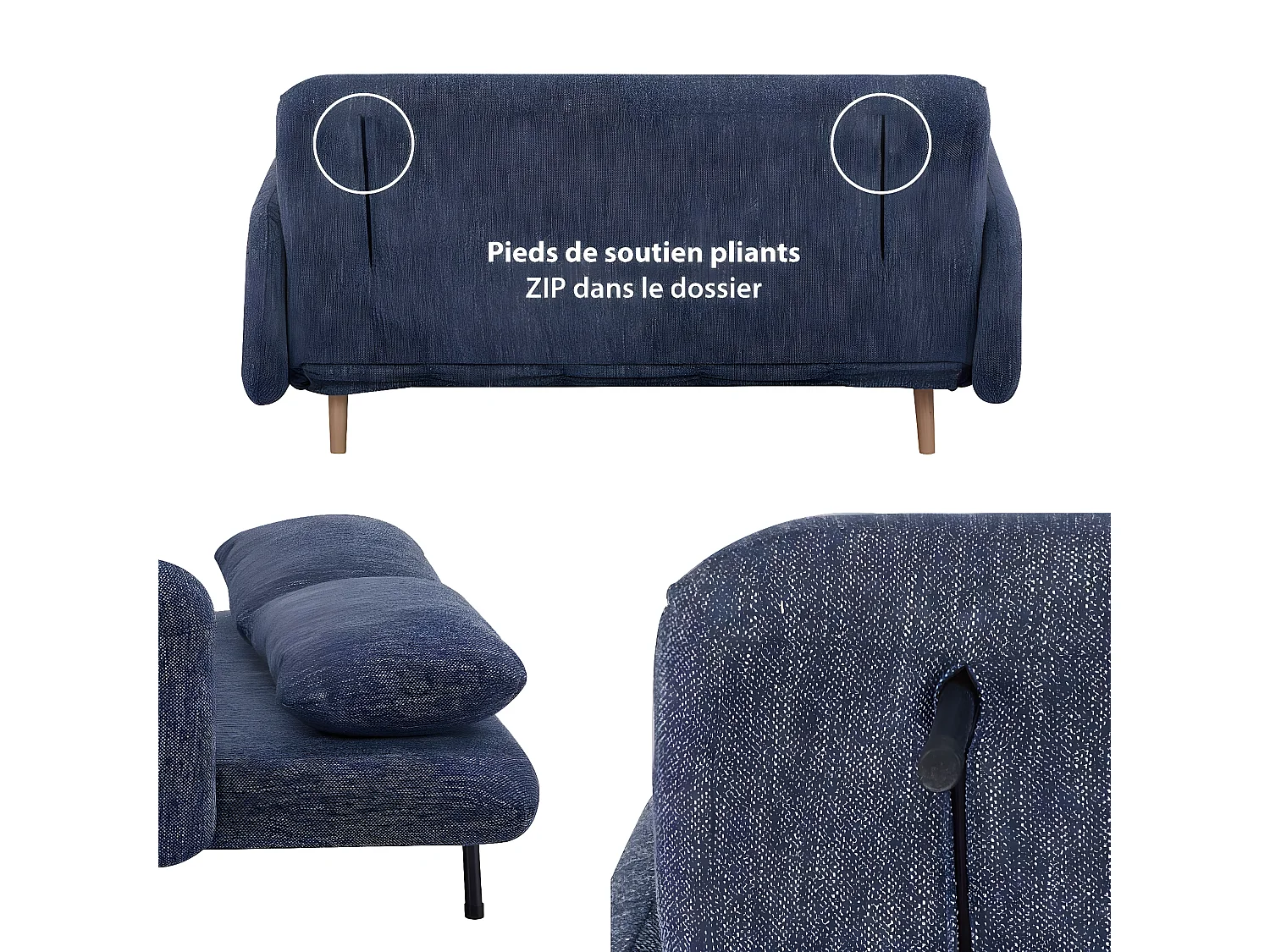 Canapé-lit BZ 2 places pour couchage d’appoint taille 145 x 190 cm en tissu bleu et pieds en bois massif - ARI