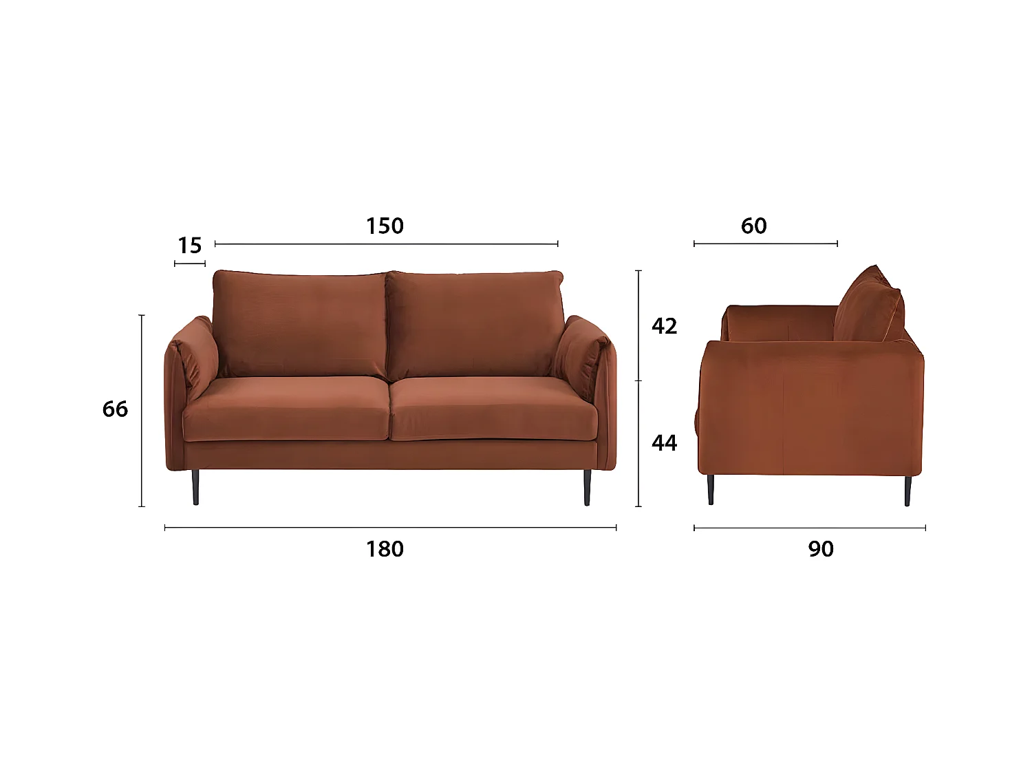 3-zitsbank, afmeting 180 x 90 x 86 cm, in terracotta fluwelen stof met metalen poten - YORK