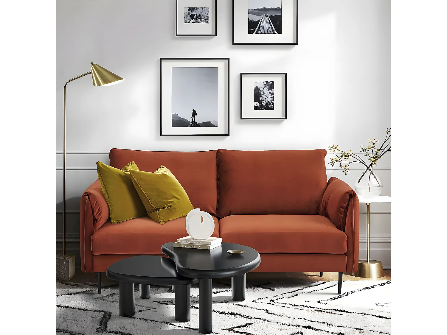 Canapé 3 places dimensions 180 x 90 x 86 cm en tissu velours couleur terracotta et pieds en métal - YORK