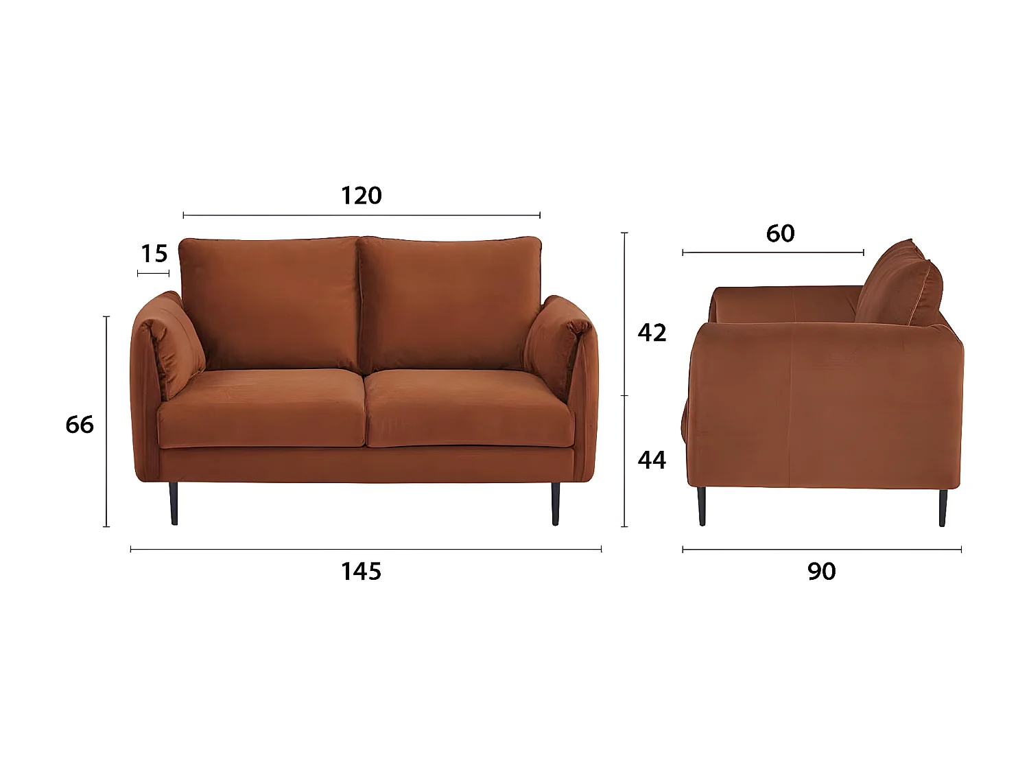 Canapé 2 places dimensions 145 x 90 x 86 cm en tissu velours couleur terracotta et pieds en métal - YORK