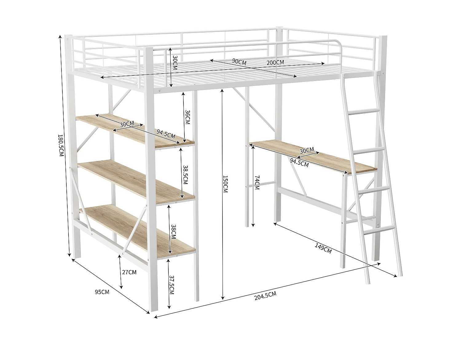 IJzeren tussenbed - 90x200cm - met bureau en 3 planken - Wit