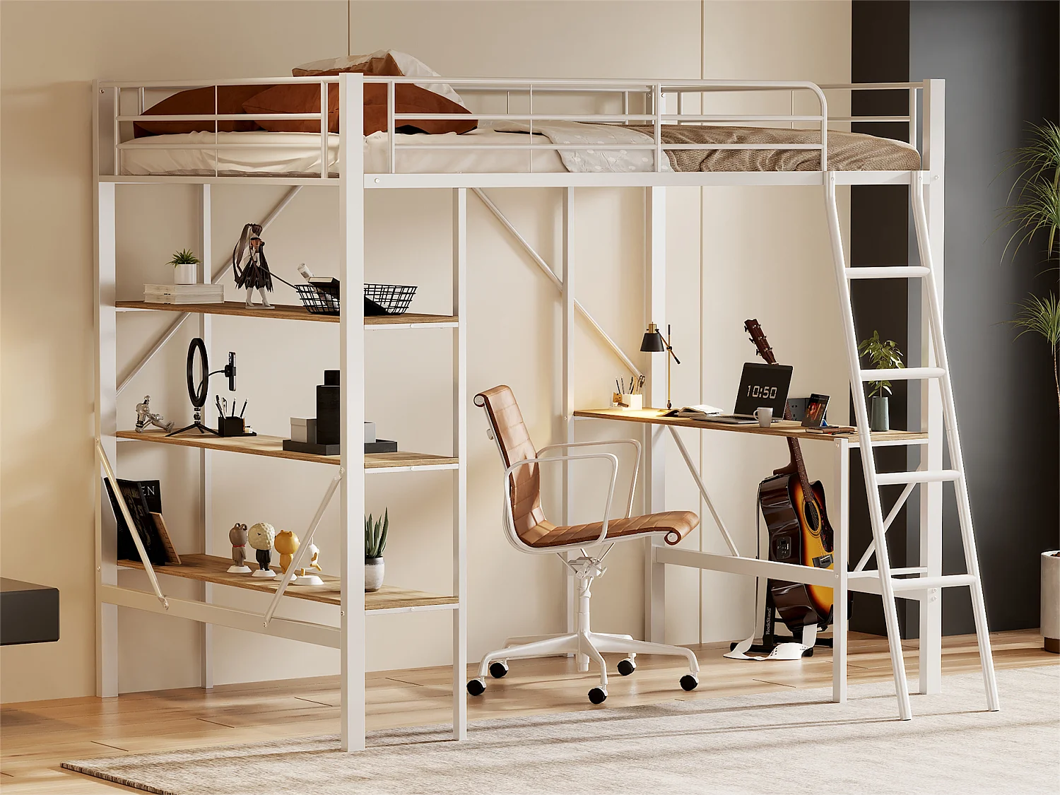 Lit mezzanine en fer - 90x200cm - avec bureau et 3 étagères - Blanc