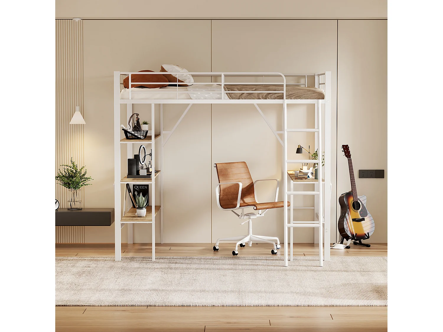 Cama entrepiso de hierro - 90x200cm - con escritorio y 3 estantes - Blanco
