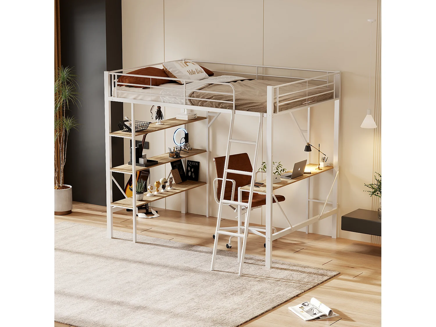 Cama entrepiso de hierro - 90x200cm - con escritorio y 3 estantes - Blanco