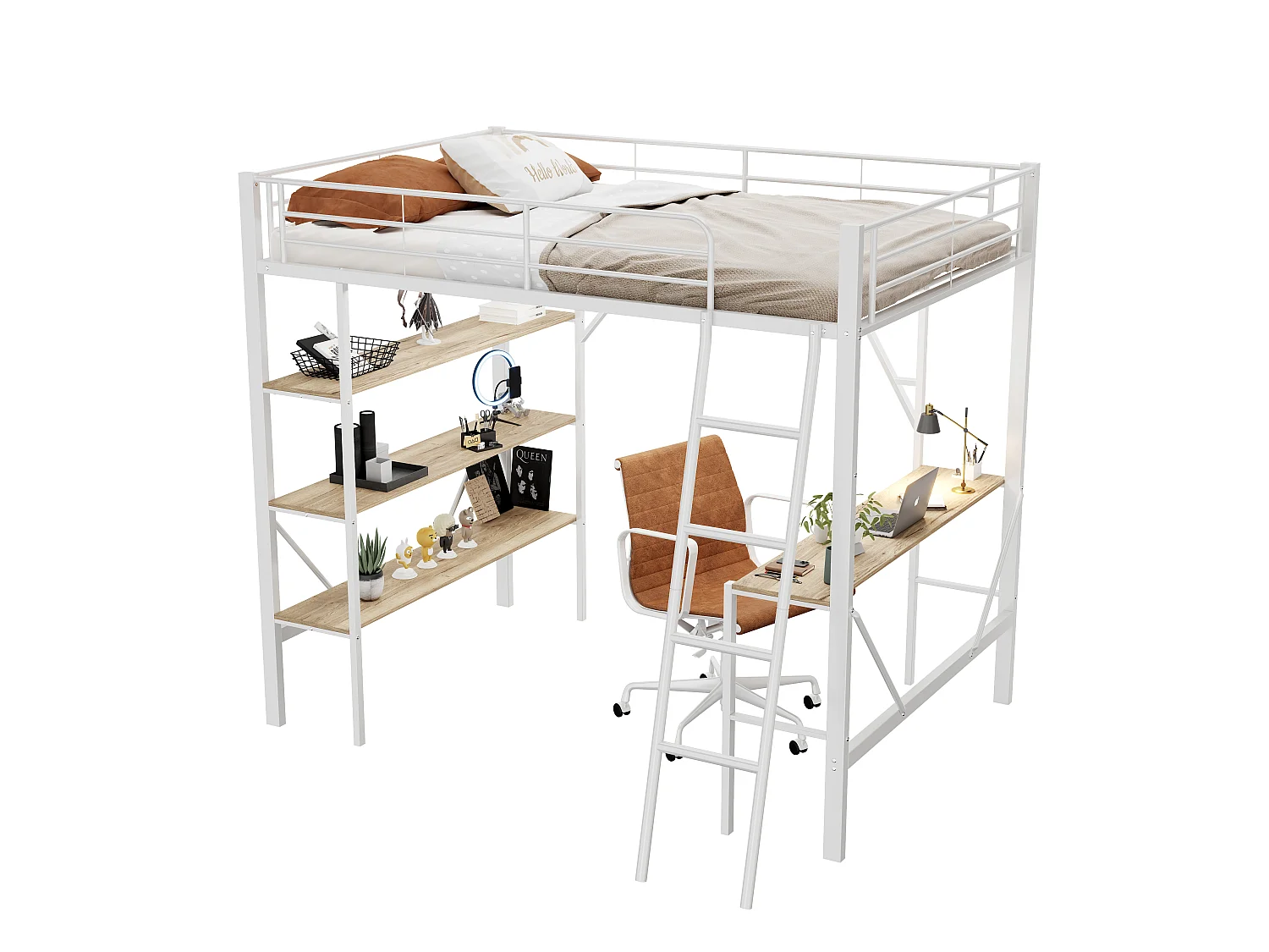 Cama entrepiso de hierro - 90x200cm - con escritorio y 3 estantes - Blanco