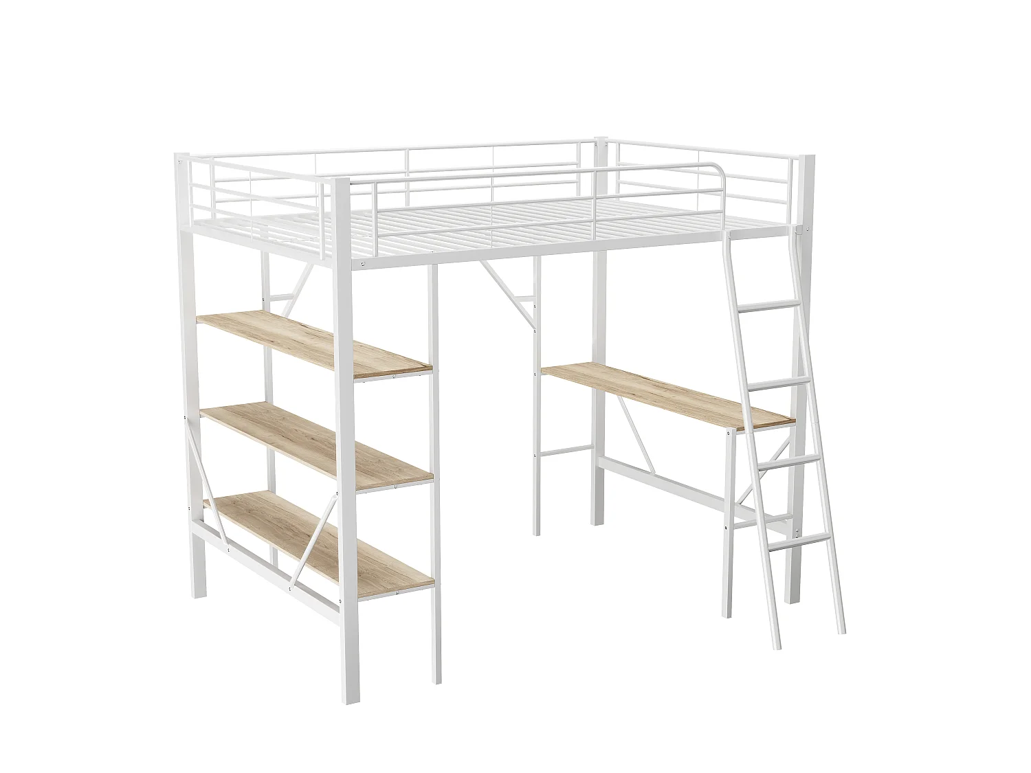 Cama entrepiso de hierro - 90x200cm - con escritorio y 3 estantes - Blanco