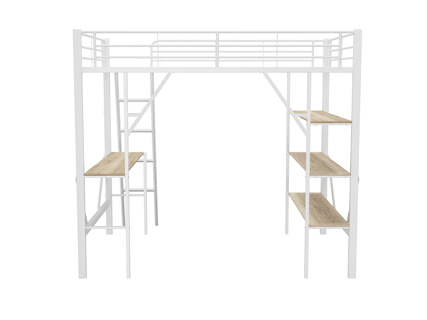 Cama entrepiso de hierro - 90x200cm - con escritorio y 3 estantes - Blanco