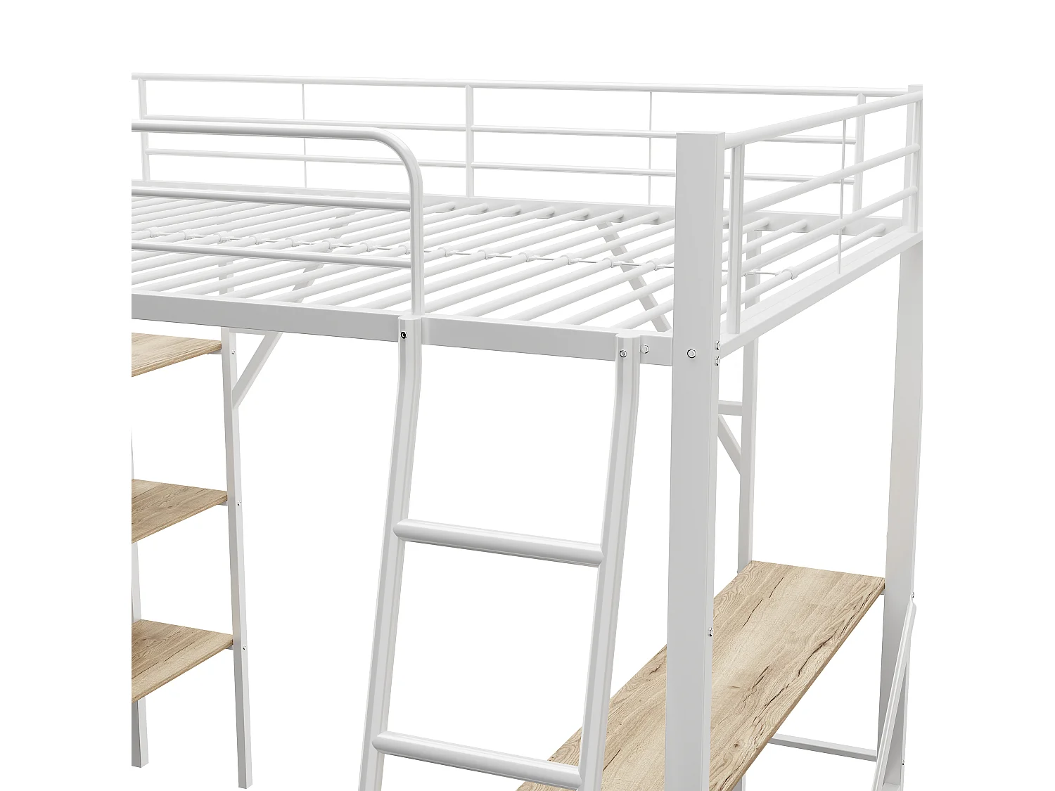 Cama entrepiso de hierro - 90x200cm - con escritorio y 3 estantes - Blanco