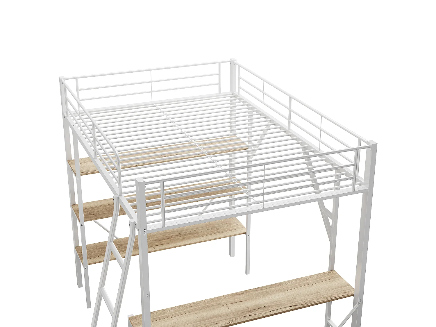 Cama entrepiso de hierro - 90x200cm - con escritorio y 3 estantes - Blanco
