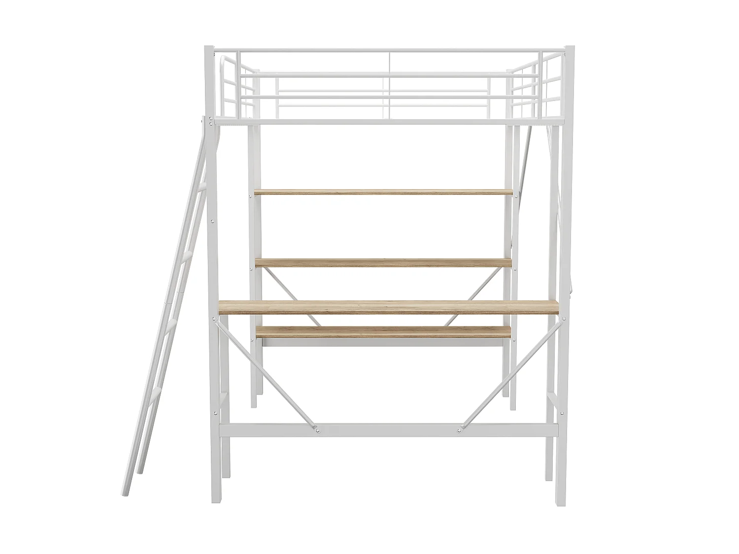 Cama entrepiso de hierro - 90x200cm - con escritorio y 3 estantes - Blanco