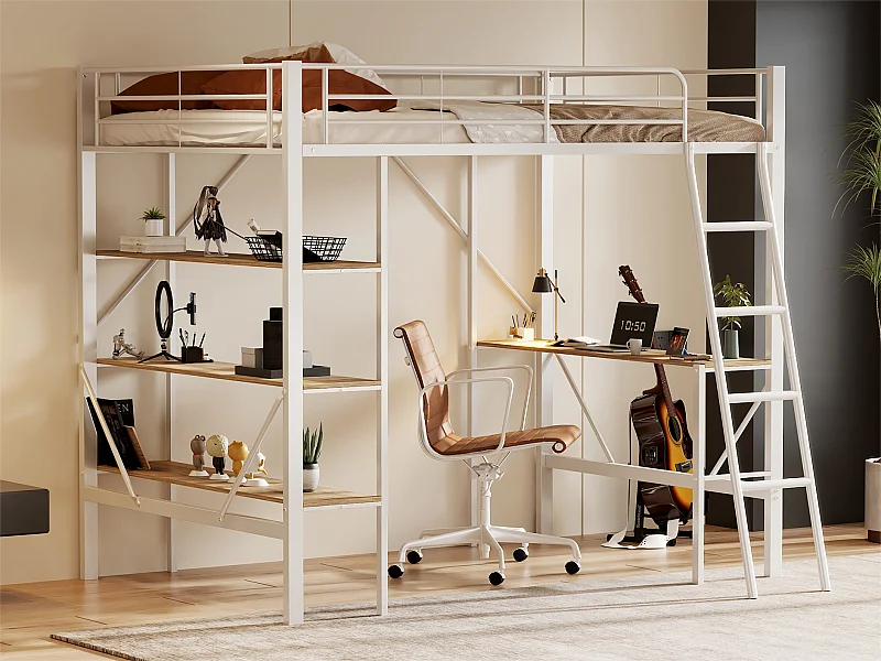 Lit mezzanine en fer - 90x200cm - avec bureau et 3 étagères - Blanc