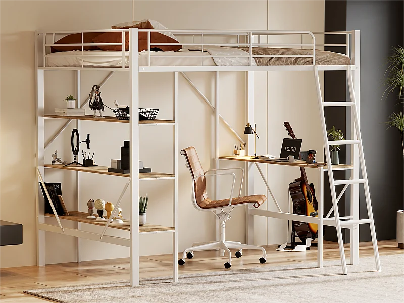 Letto soppalco in ferro - 90x200 cm - con scrivania e 3 ripiani - Bianco