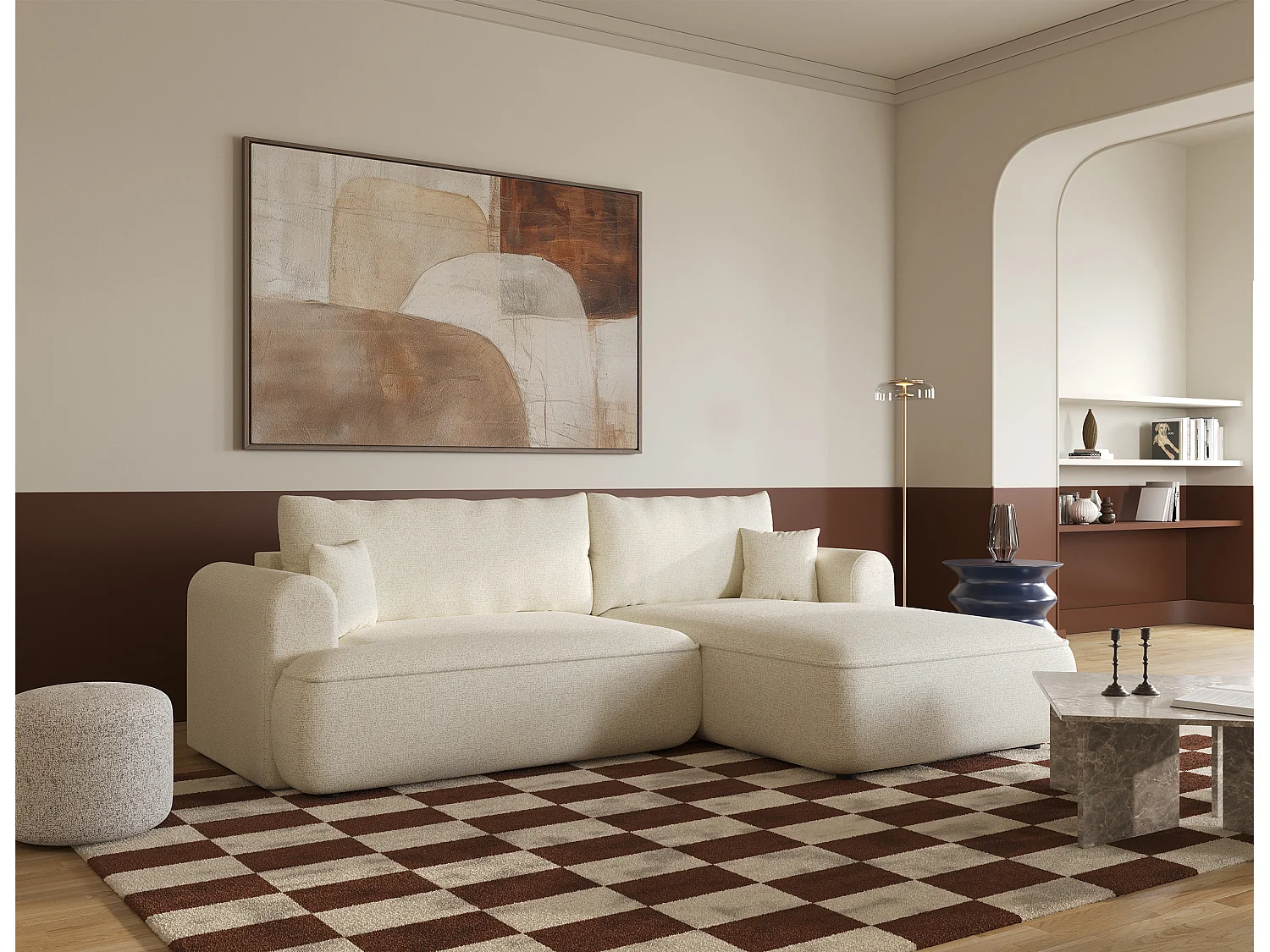 Canapé d'angle - 260 cm - avec fonction de couchage en forme de L - beige clair - côté droit - OVO