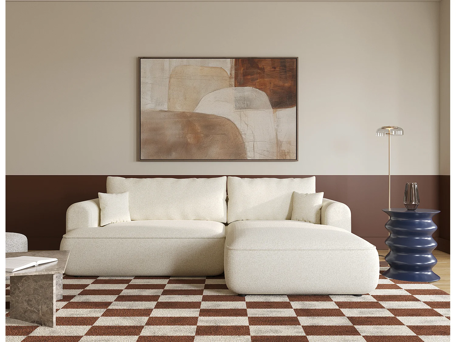 Canapé d'angle - 260 cm - avec fonction de couchage en forme de L - beige clair - côté droit - OVO