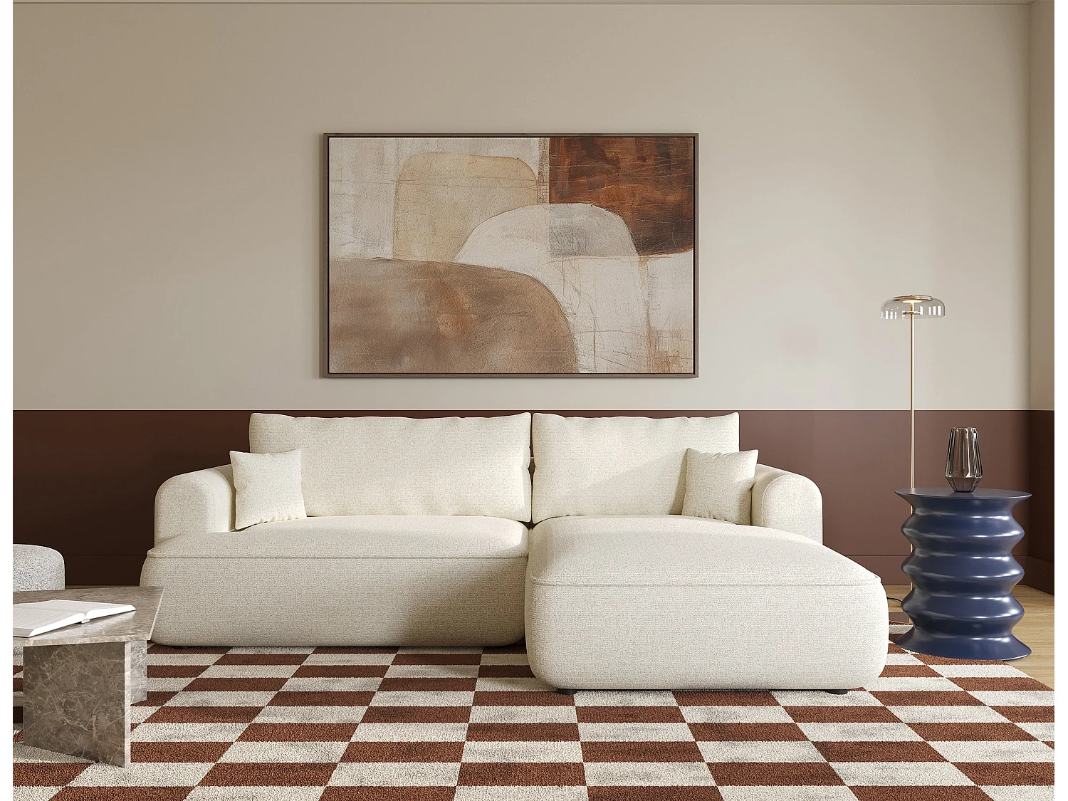Canapé d'angle - 260 cm - avec fonction de couchage en forme de L - beige clair - côté droit - OVO