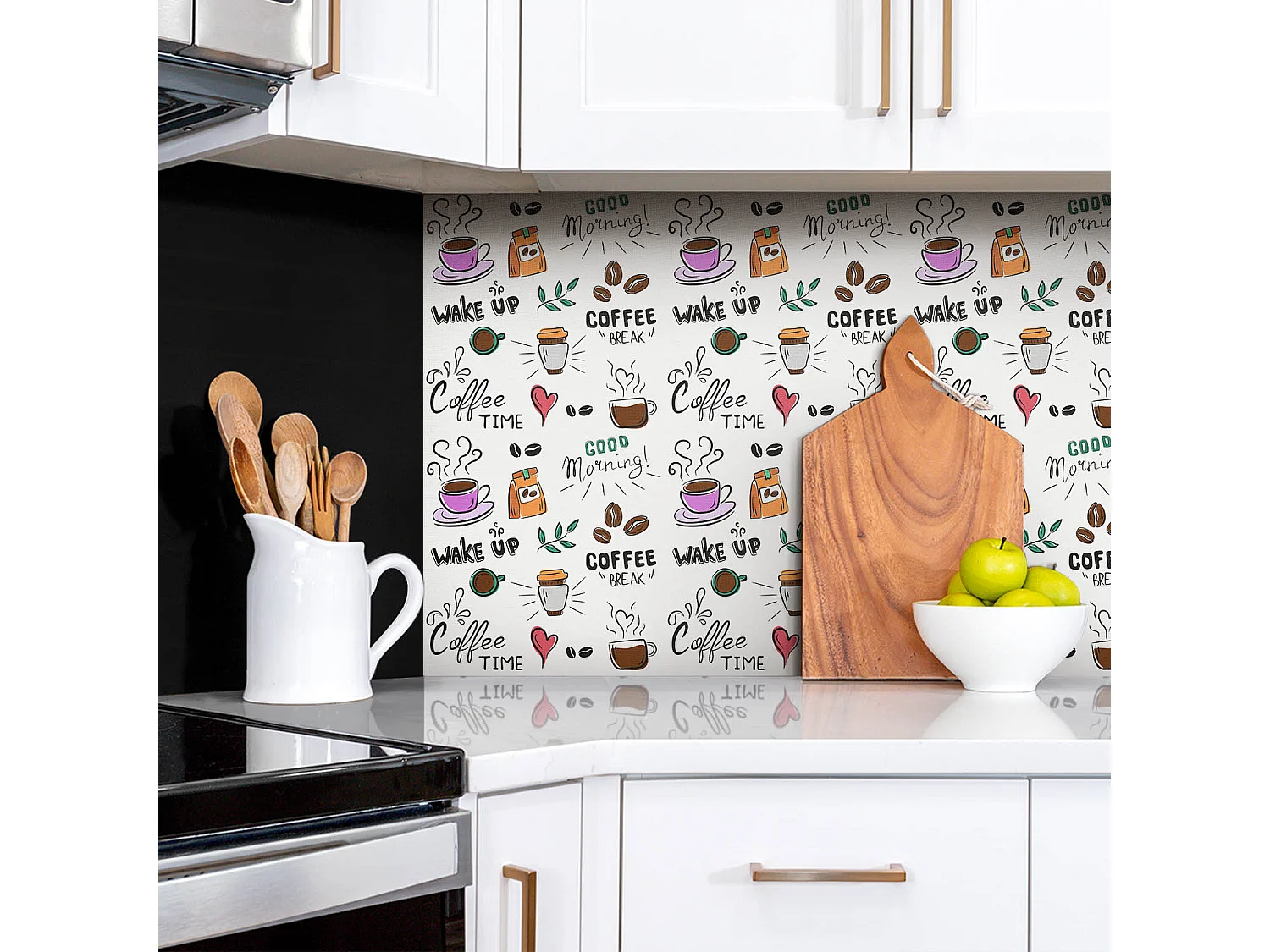 Selbstklebende wasserdichte Vinyl-Wandpaneele – Cartoon-Kaffee 100 x 50 cm