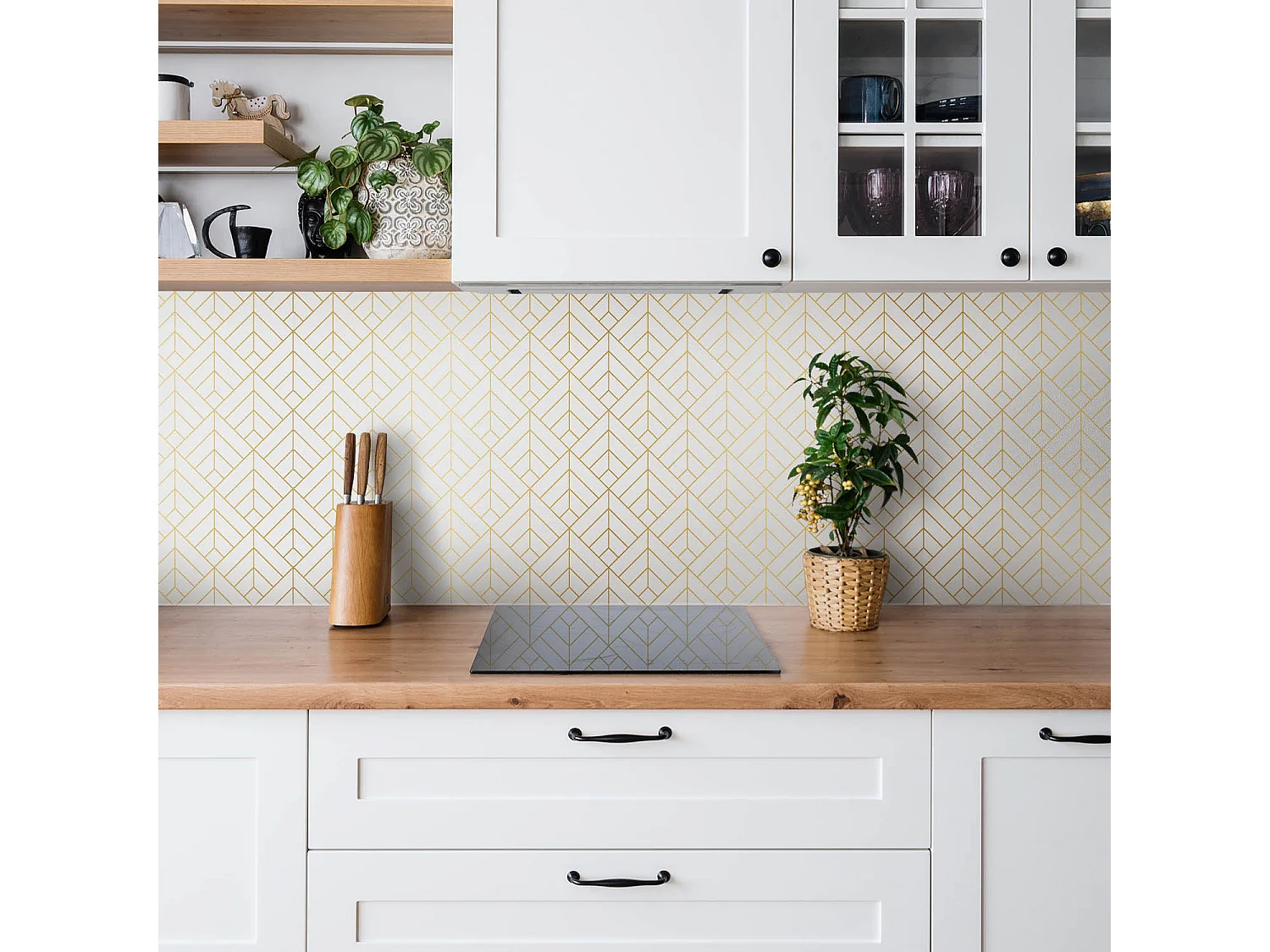 Selbstklebende wasserdichte Vinyl-Wandpaneele – Goldene Geometrie 100 x 50 cm