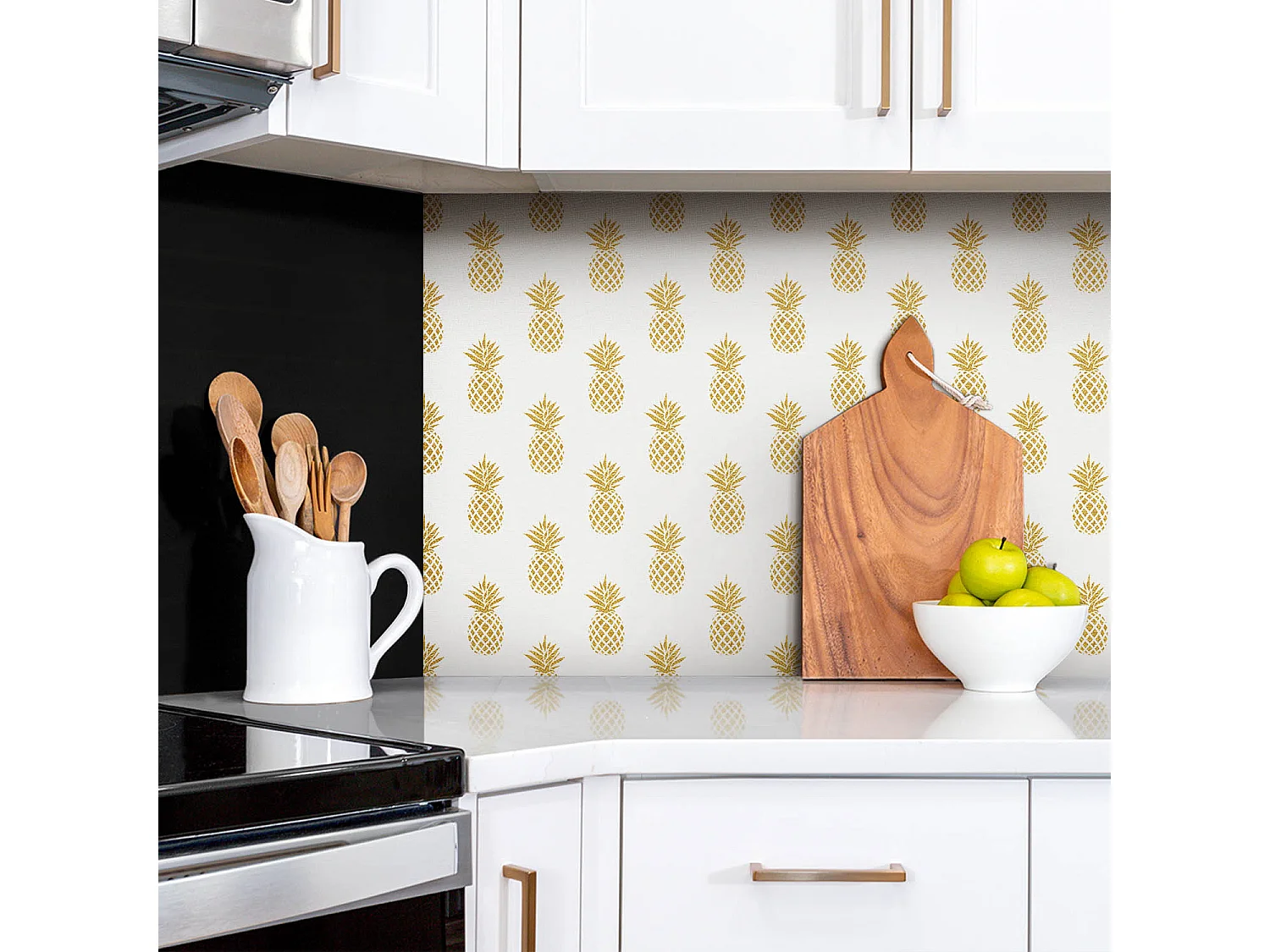 Selbstklebende wasserdichte Vinyl-Wandpaneele – Goldene Cartoon-Ananas 100 x 50 cm