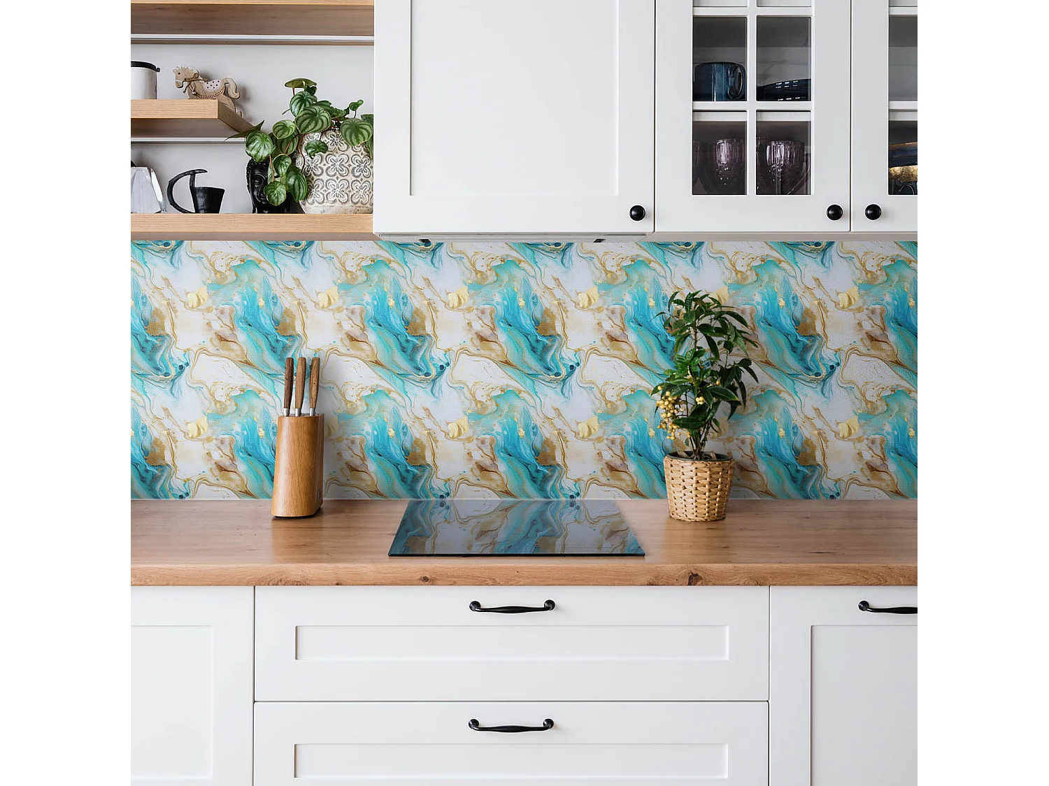 Selbstklebende wasserdichte Vinyl-Wandpaneele – Blauer Marmor und Gold 100 x 50 cm