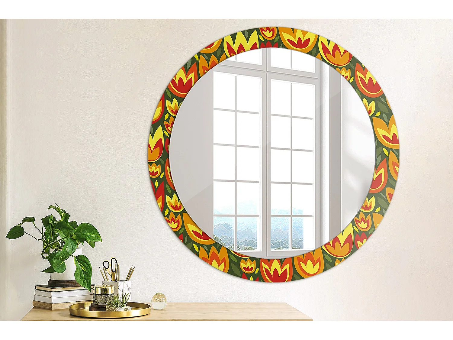 Runder dekorativer Spiegel - Retro-Tulpen - 80 cm