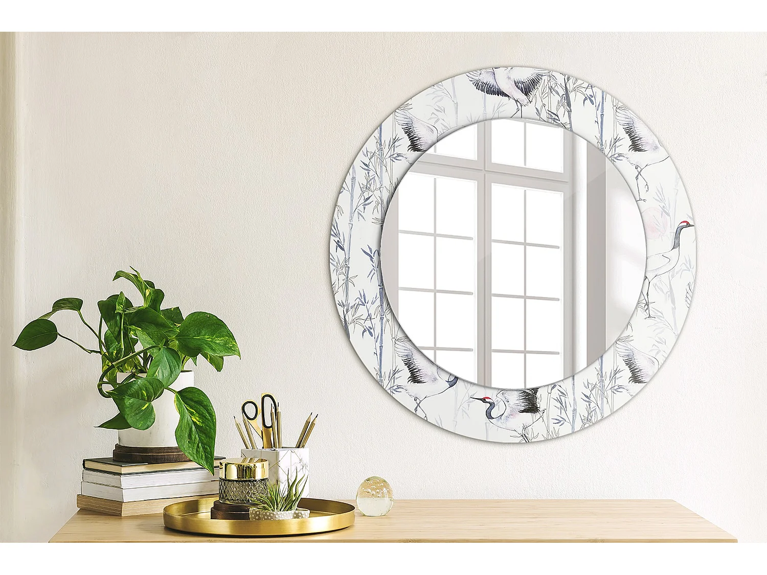 Ronde decoratieve spiegel - Kraanvogels - 50 cm