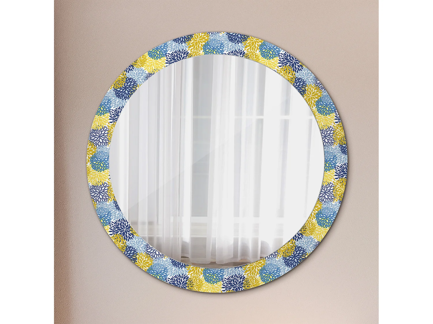 Miroir rond décoratif - Fleurs bleues - 80 cm