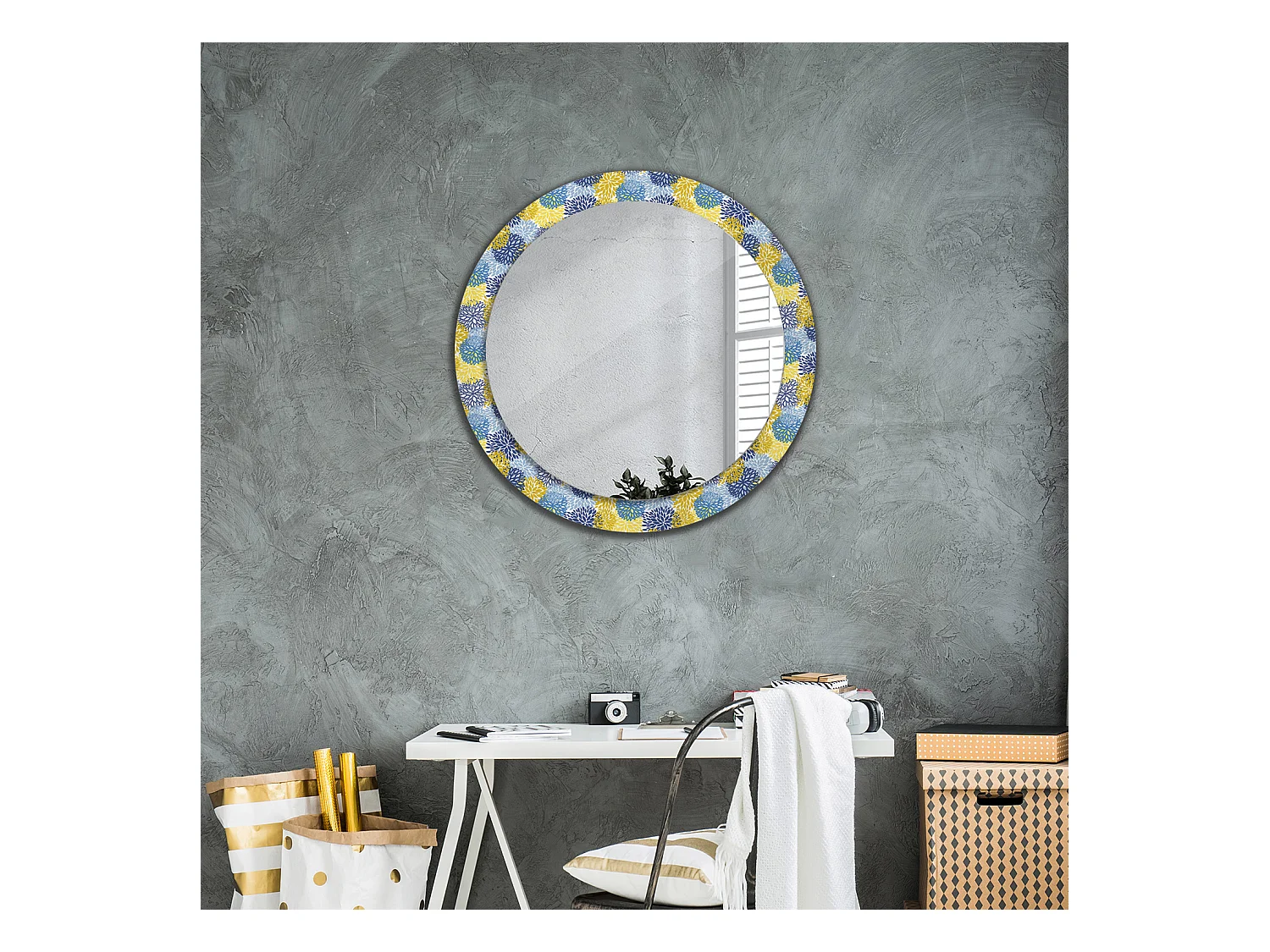 Decoratieve ronde spiegel - Blauwe bloemen - 80 cm
