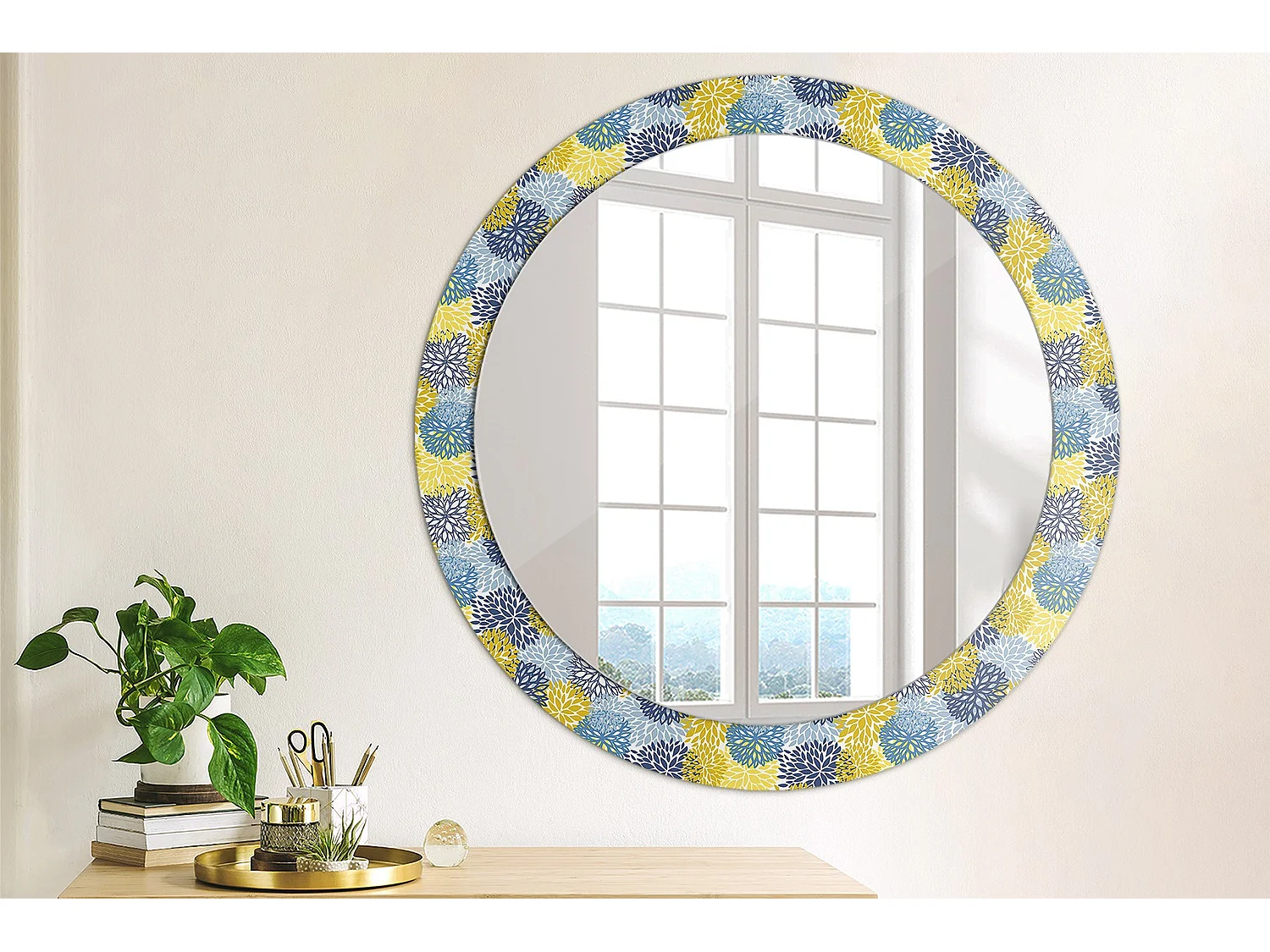 Decoratieve ronde spiegel - Blauwe bloemen - 80 cm