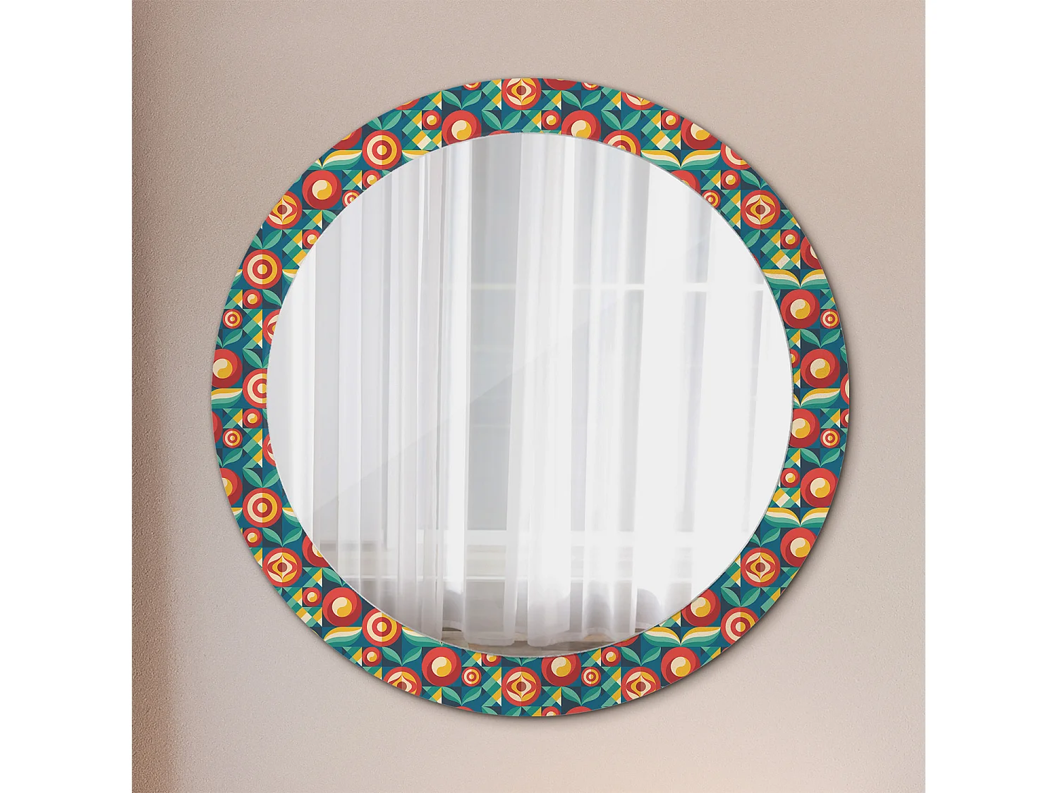 Miroir rond décoratif - Fruits et feuilles géométriques - 80 cm