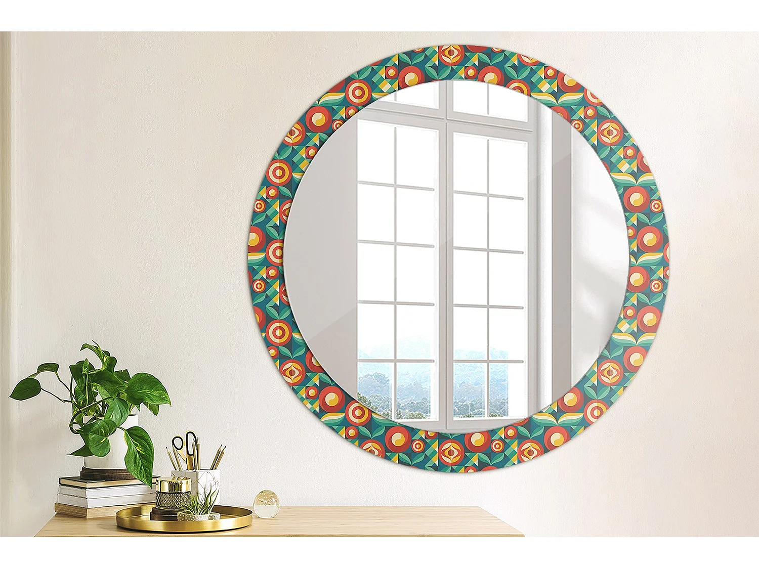 Miroir rond décoratif - Fruits et feuilles géométriques - 80 cm
