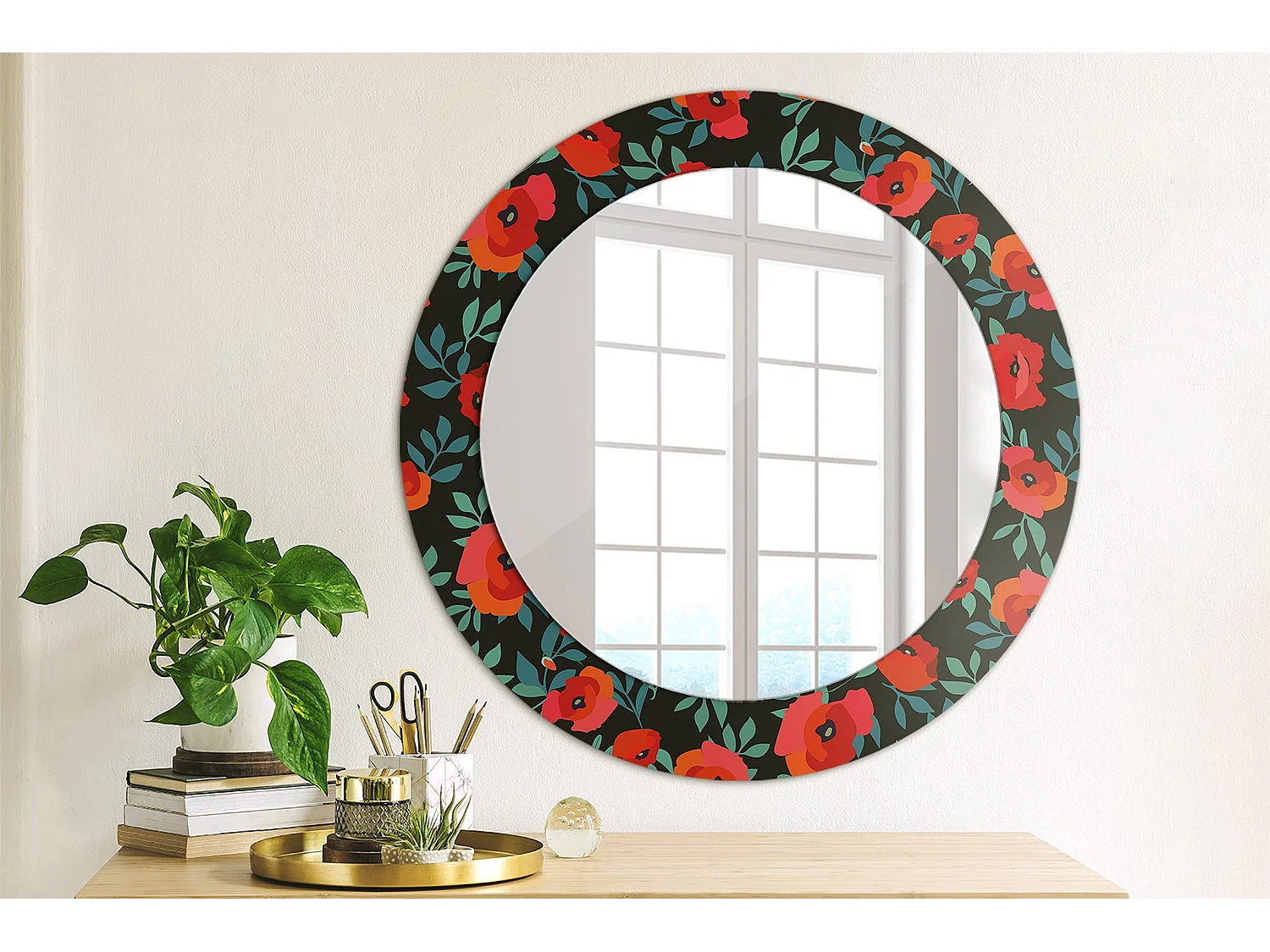 Miroir rond décoratif - Coquelicot rouge - 70 cm