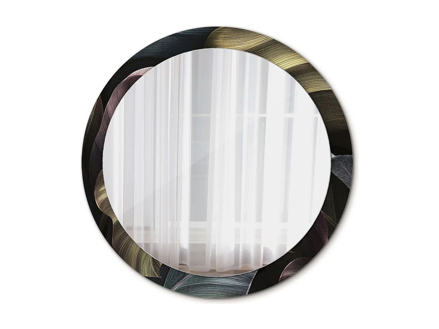 Miroir rond décoratif - Feuilles tropicales foncées - 90 cm