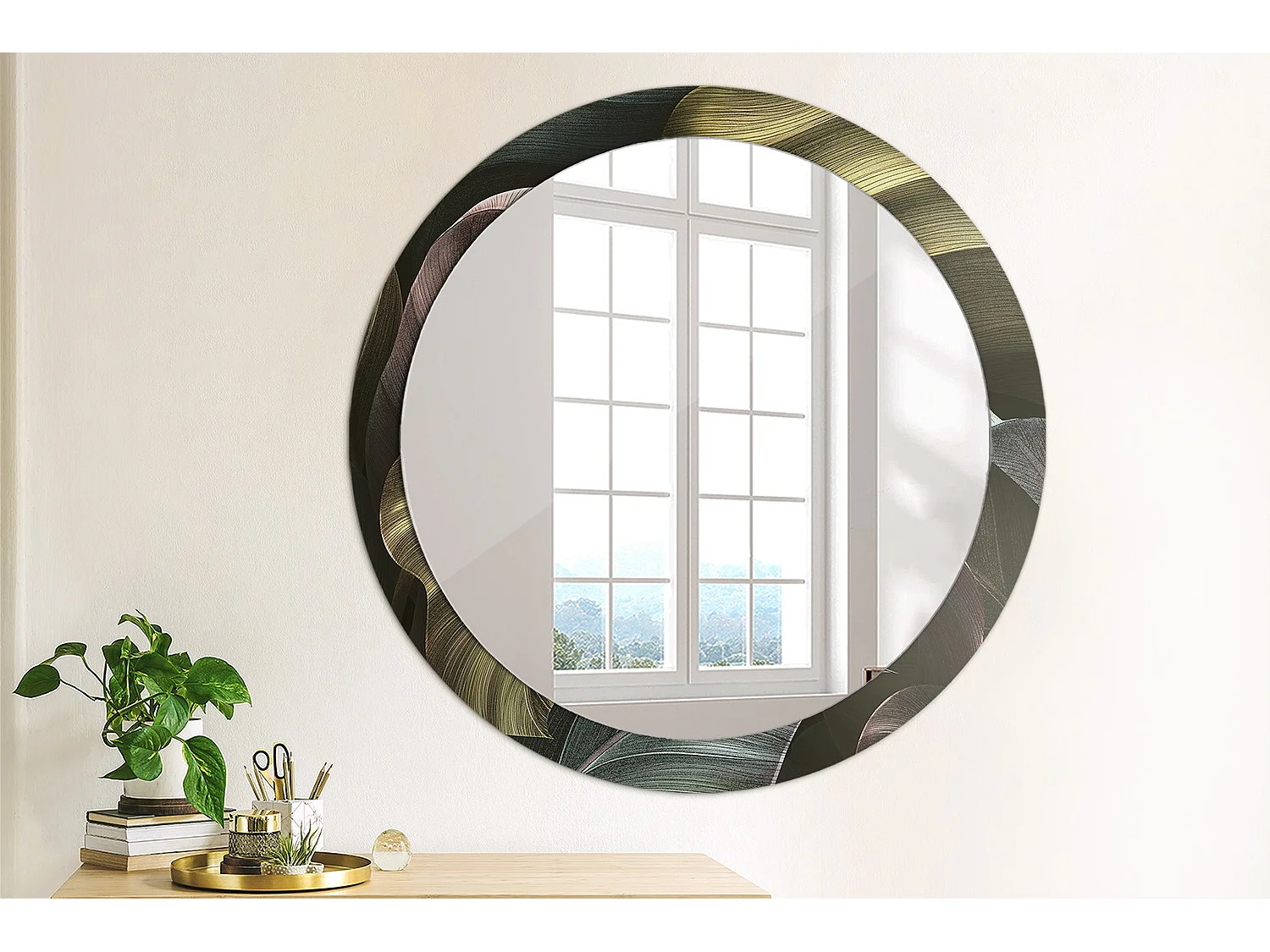 Miroir rond décoratif - Feuilles tropicales foncées - 90 cm