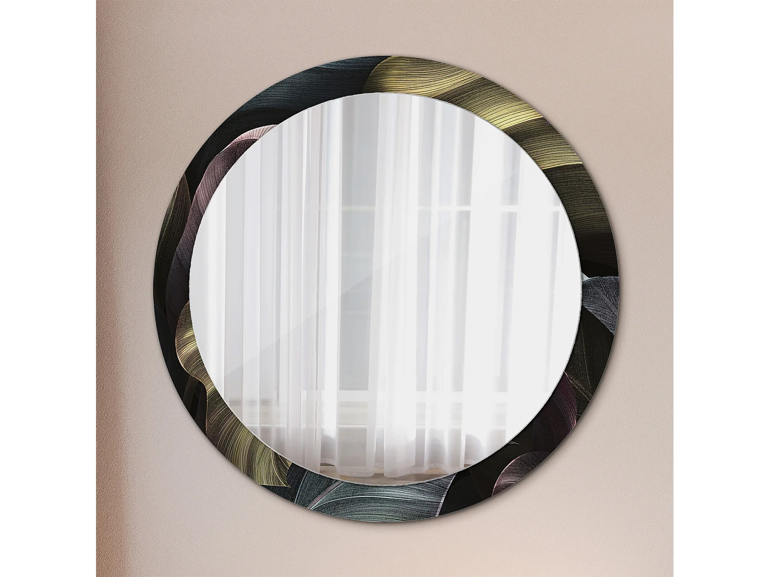 Miroir rond décoratif - Feuilles tropicales foncées - 90 cm