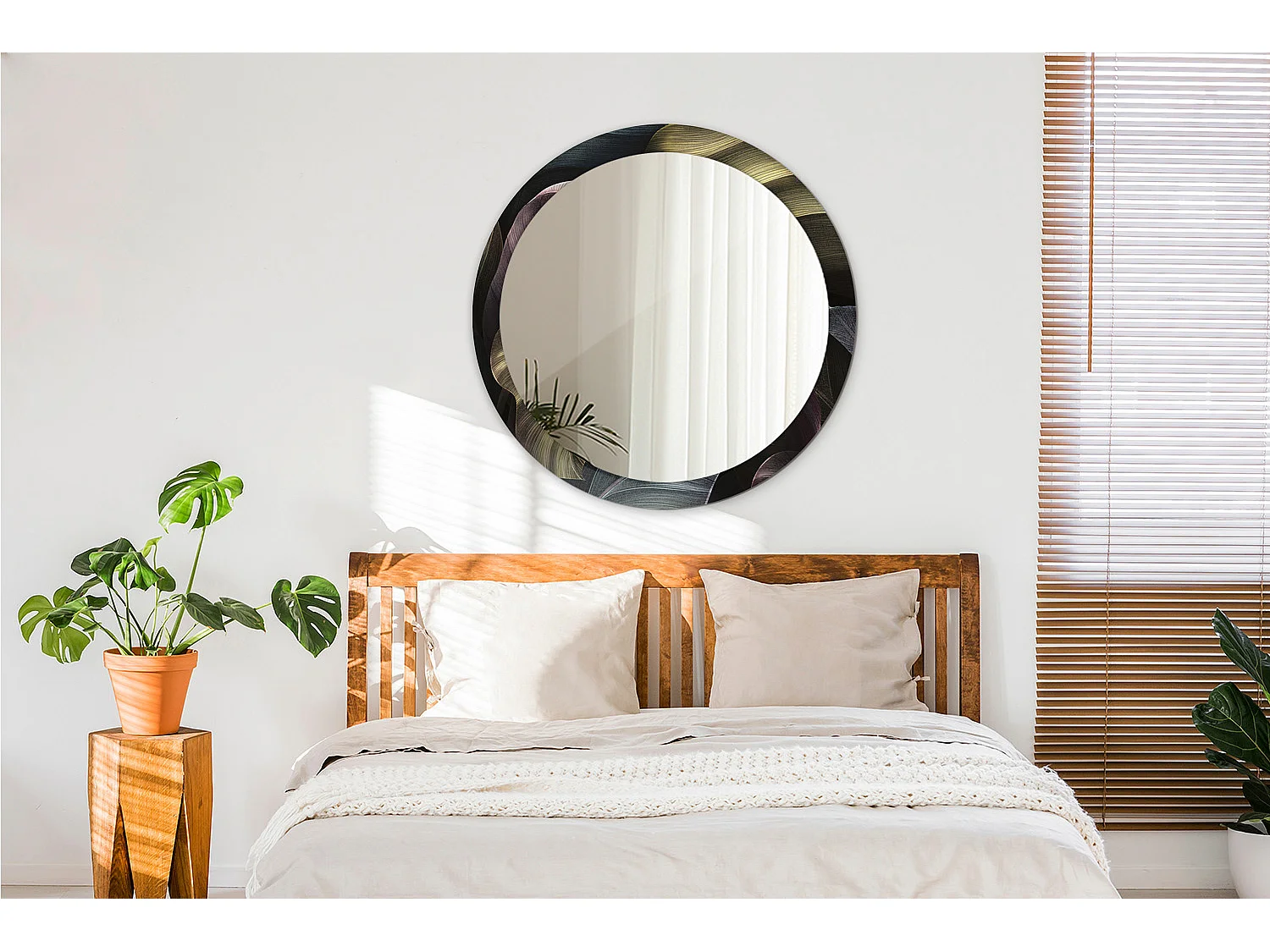 Miroir rond décoratif - Feuilles tropicales foncées - 90 cm