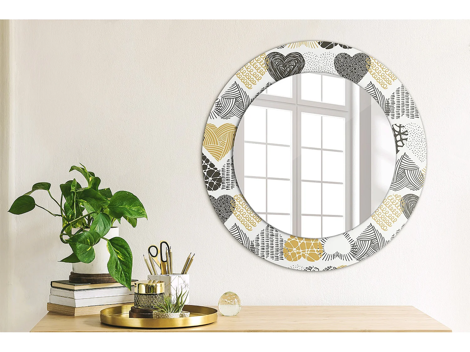 Dekorativer runder Spiegel – Herzen im Doodle-Stil – 50 cm
