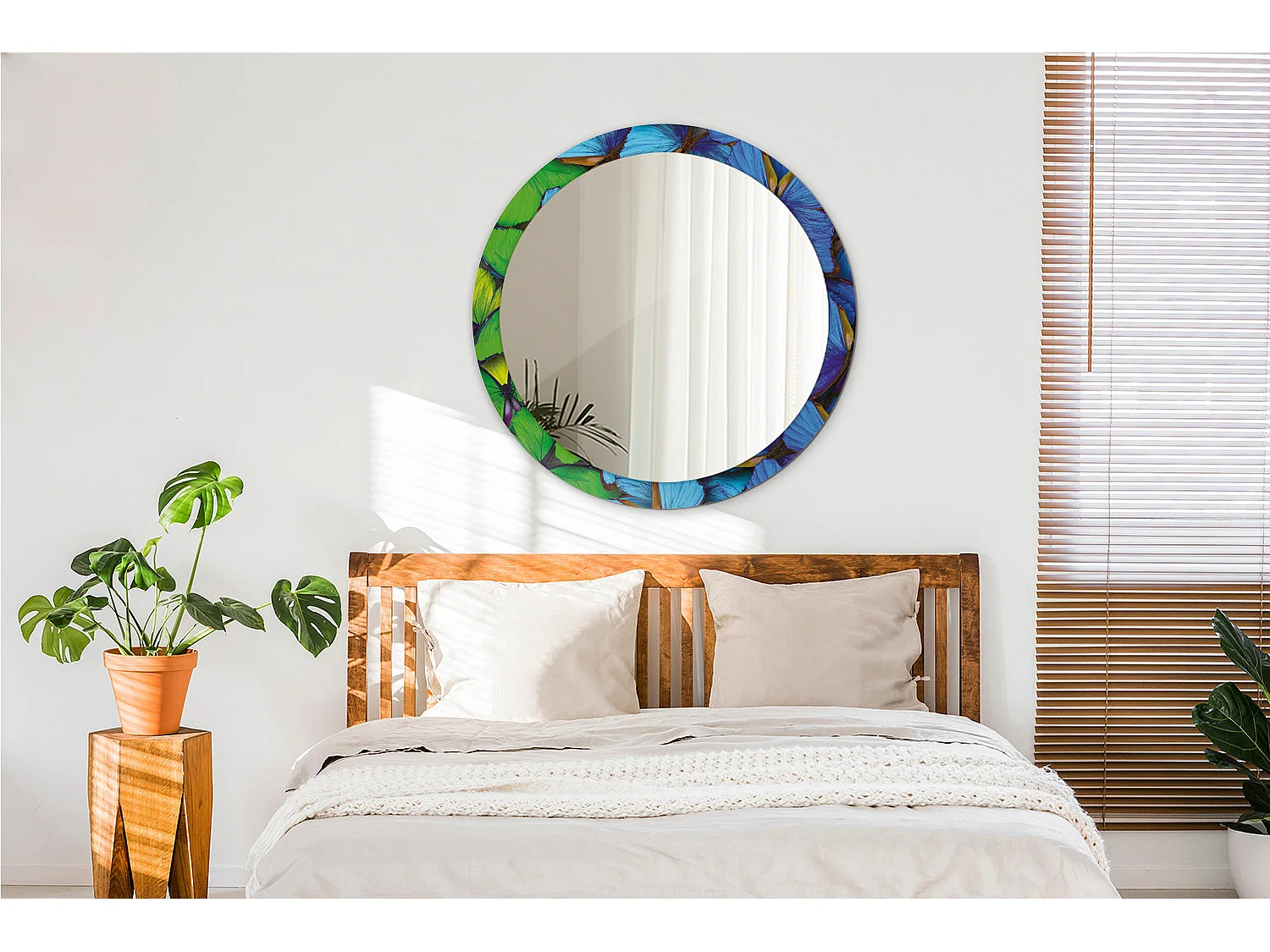 Miroir rond décoratif - Papillon bleu et vert - 90 cm