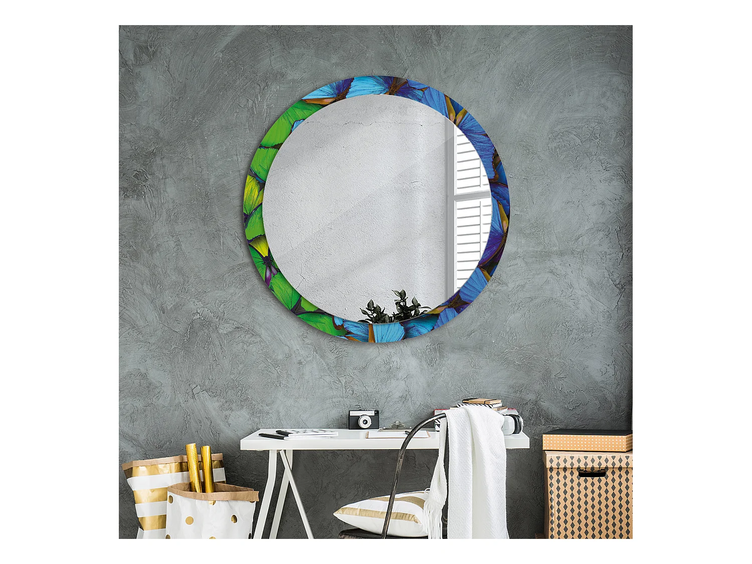 Miroir rond décoratif - Papillon bleu et vert - 90 cm