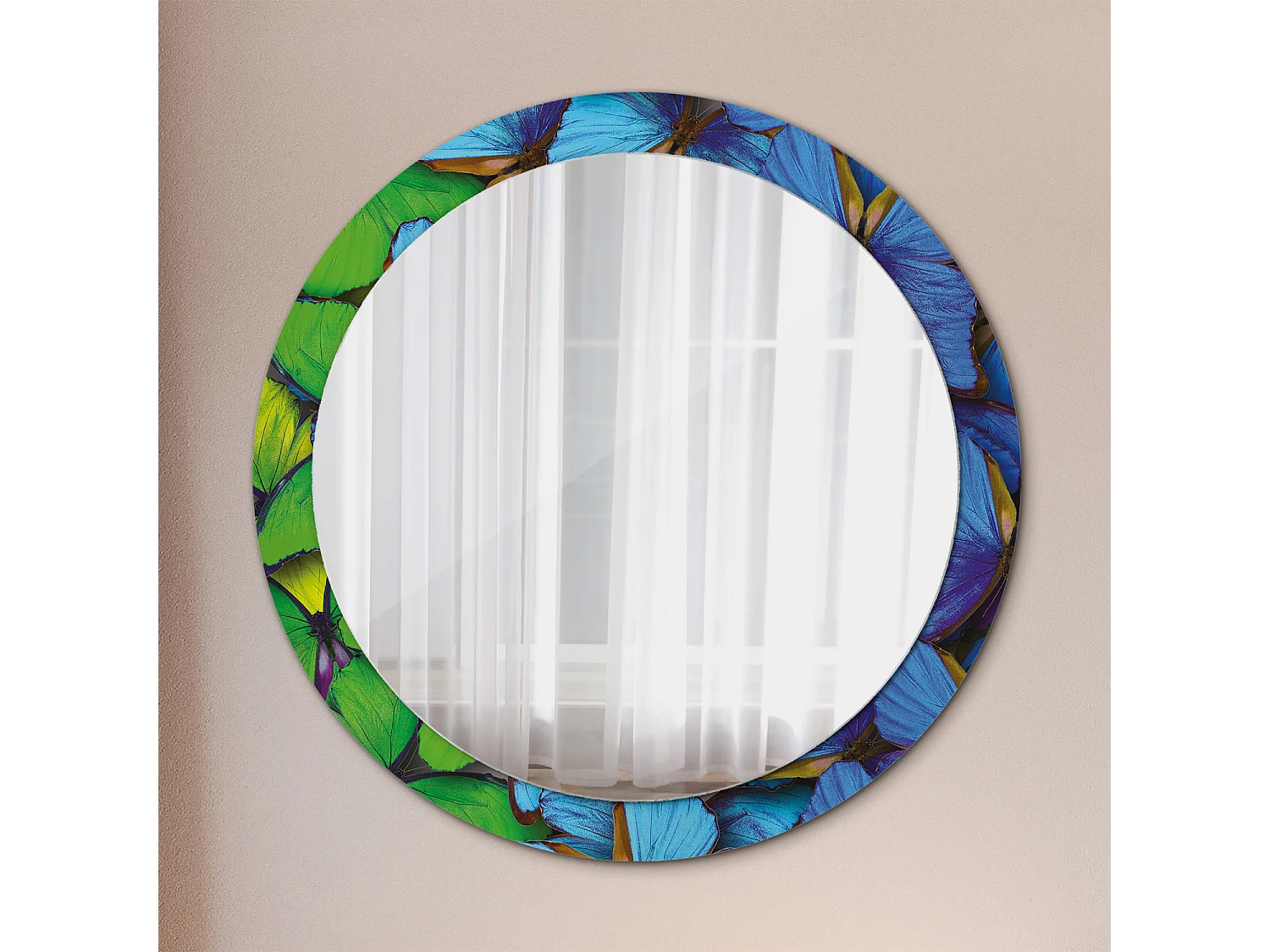 Miroir rond décoratif - Papillon bleu et vert - 90 cm
