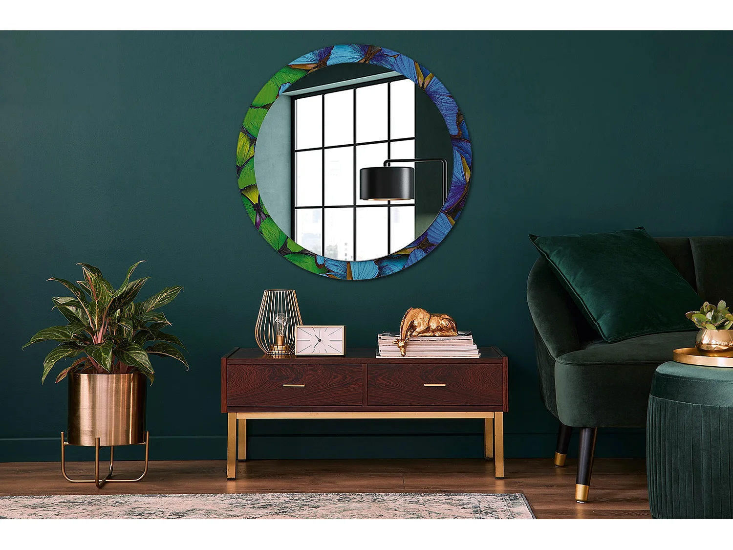 Miroir rond décoratif - Papillon bleu et vert - 90 cm